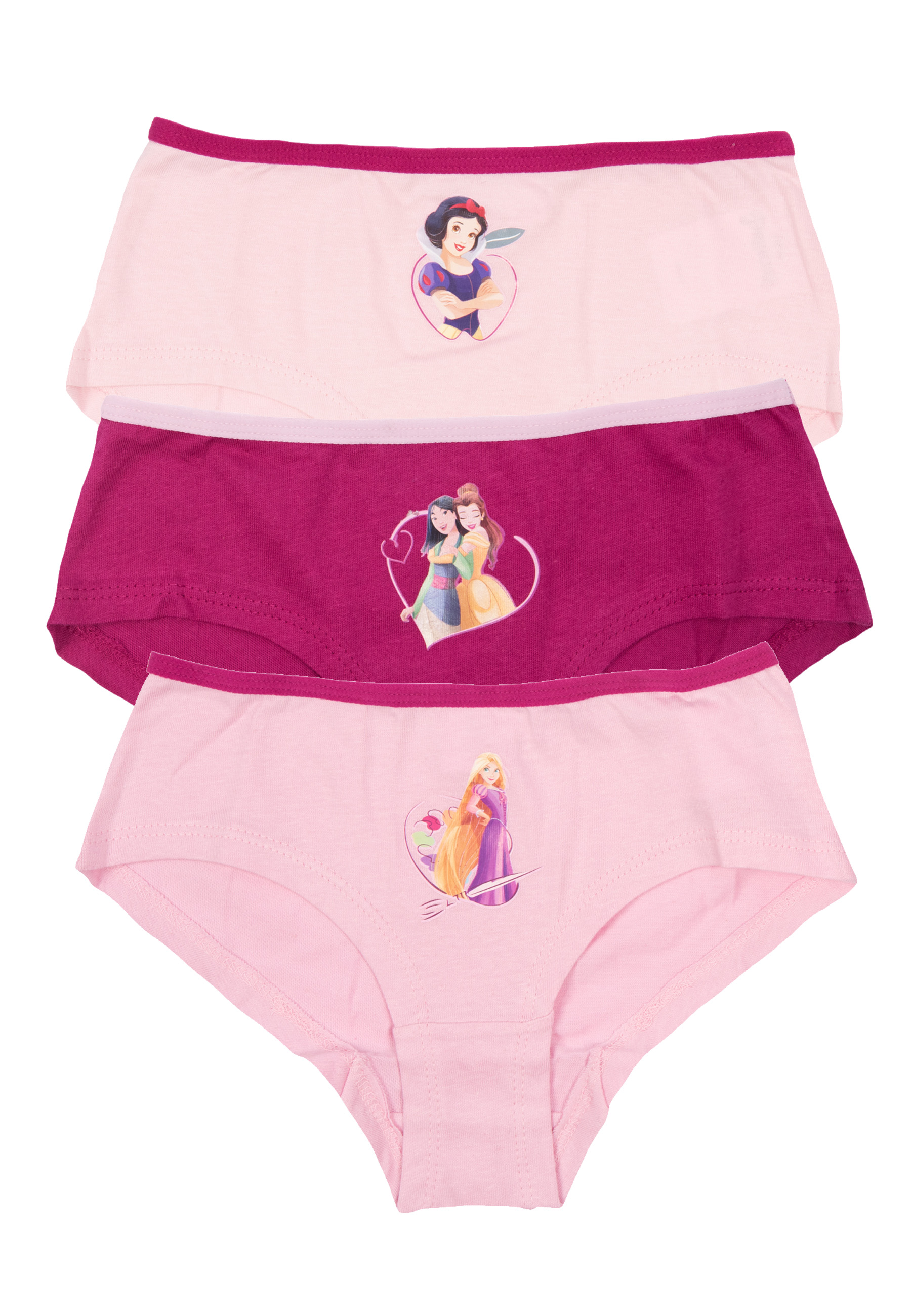 Drei Mädchenunterhosen mit Disney-Prinzessinnen-Aufdrucken in Rosa und Rosa.