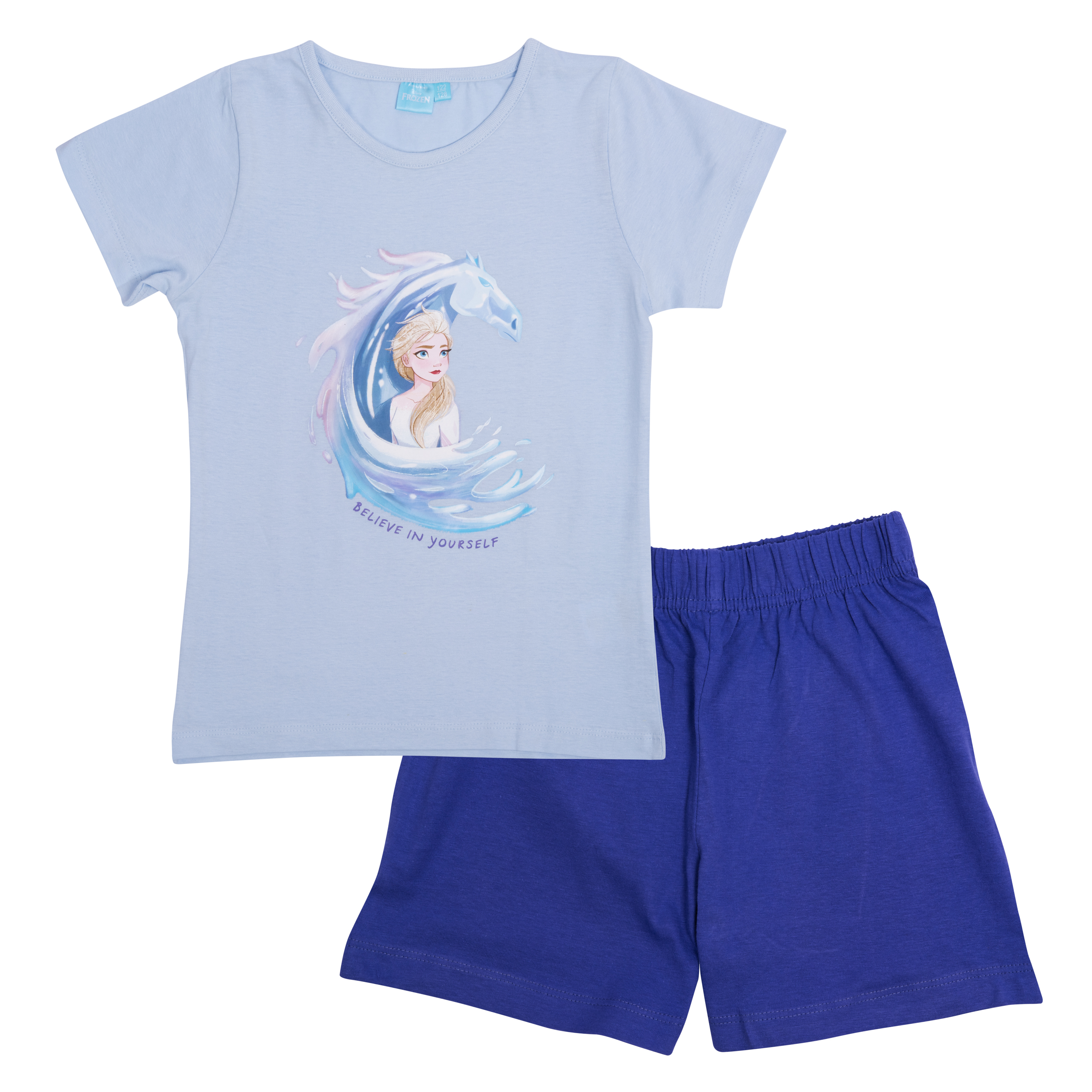 Hellblaues T-Shirt mit Elsa-Motiv und blauer Hose.