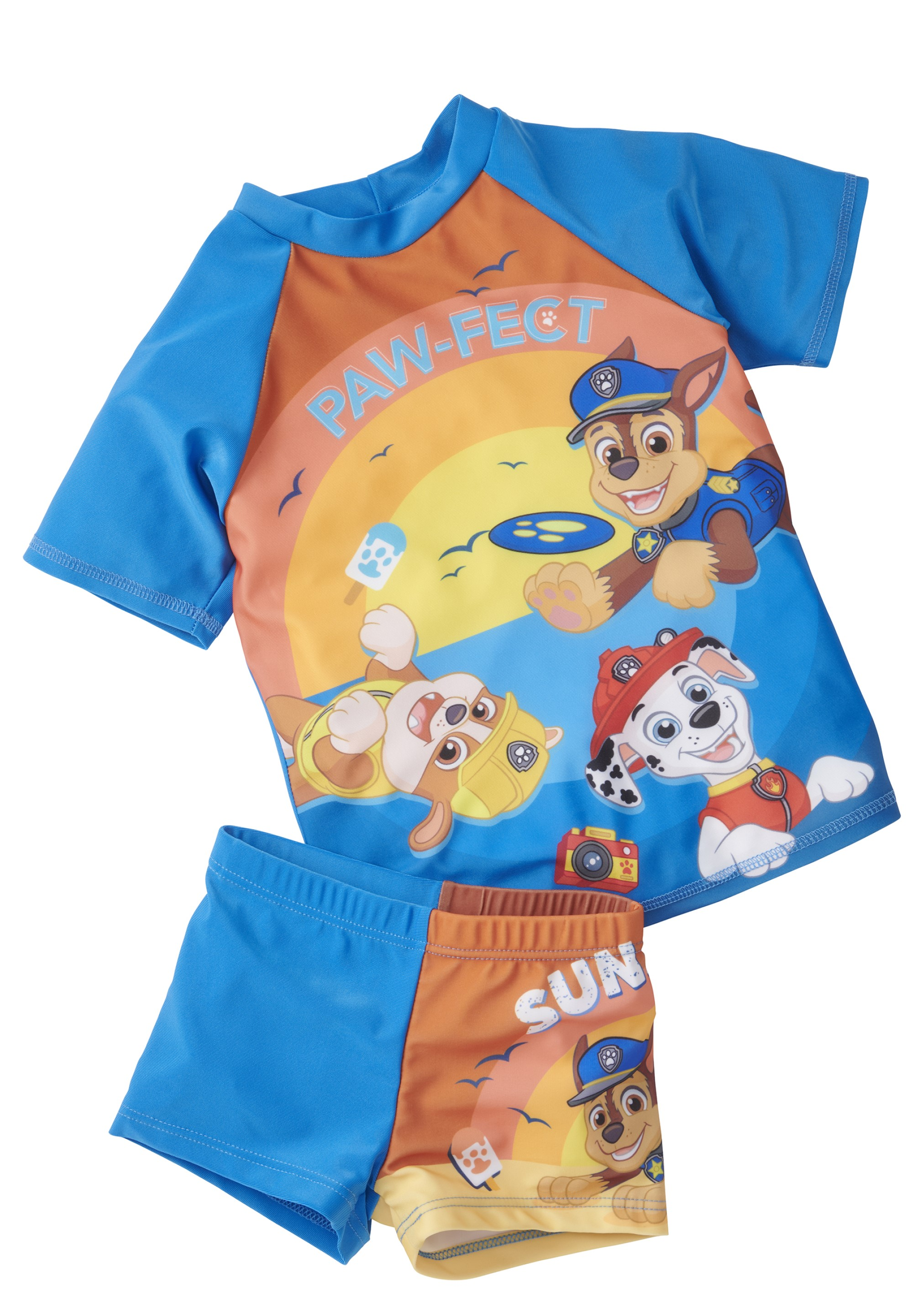 Paw Patrol Badehose und Shirt mit Chase, Marshall und Rubble.