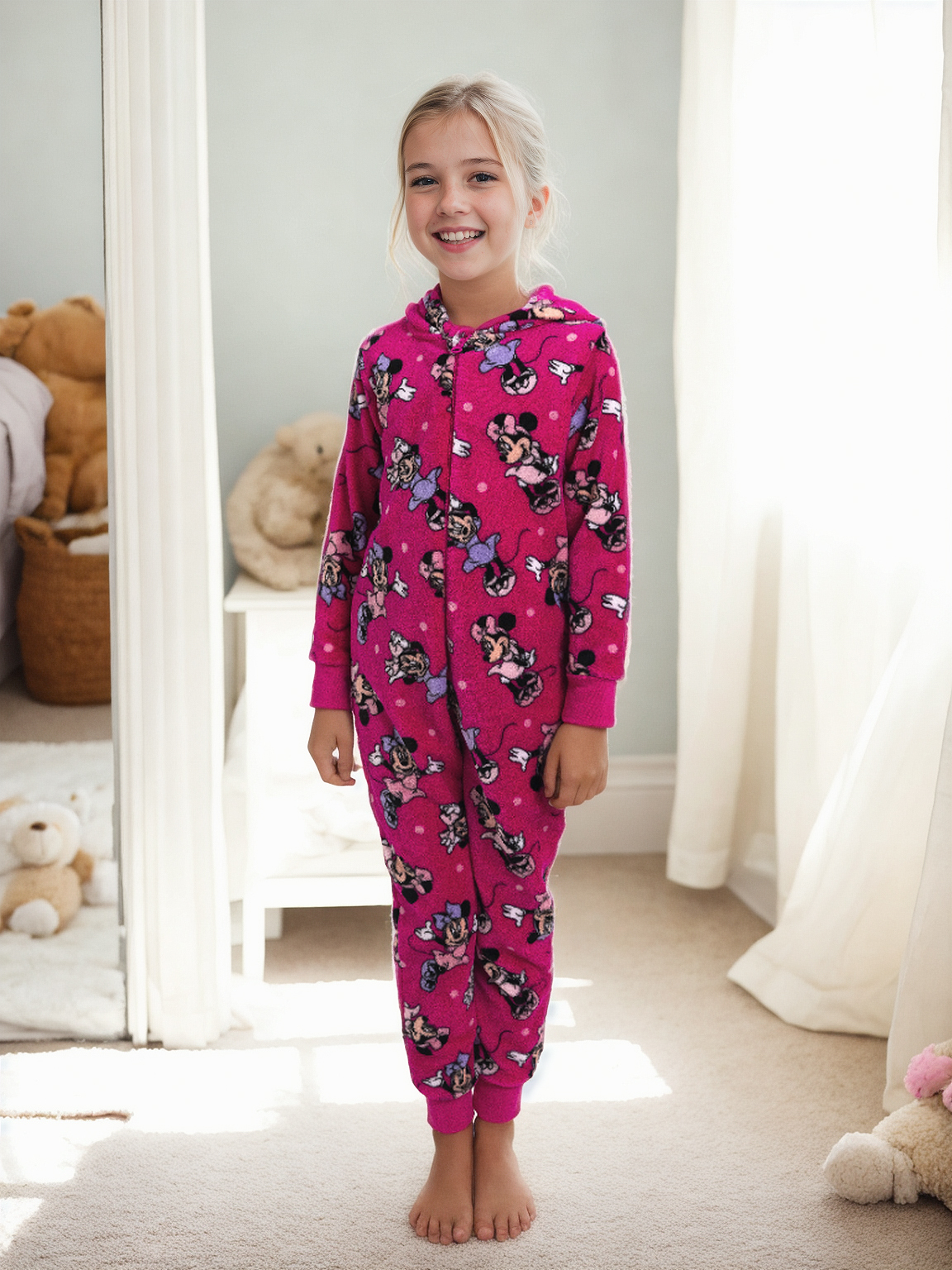 Ein Mädchen in einem pinken Overall mit Micky-Maus-Print steht lächelnd.