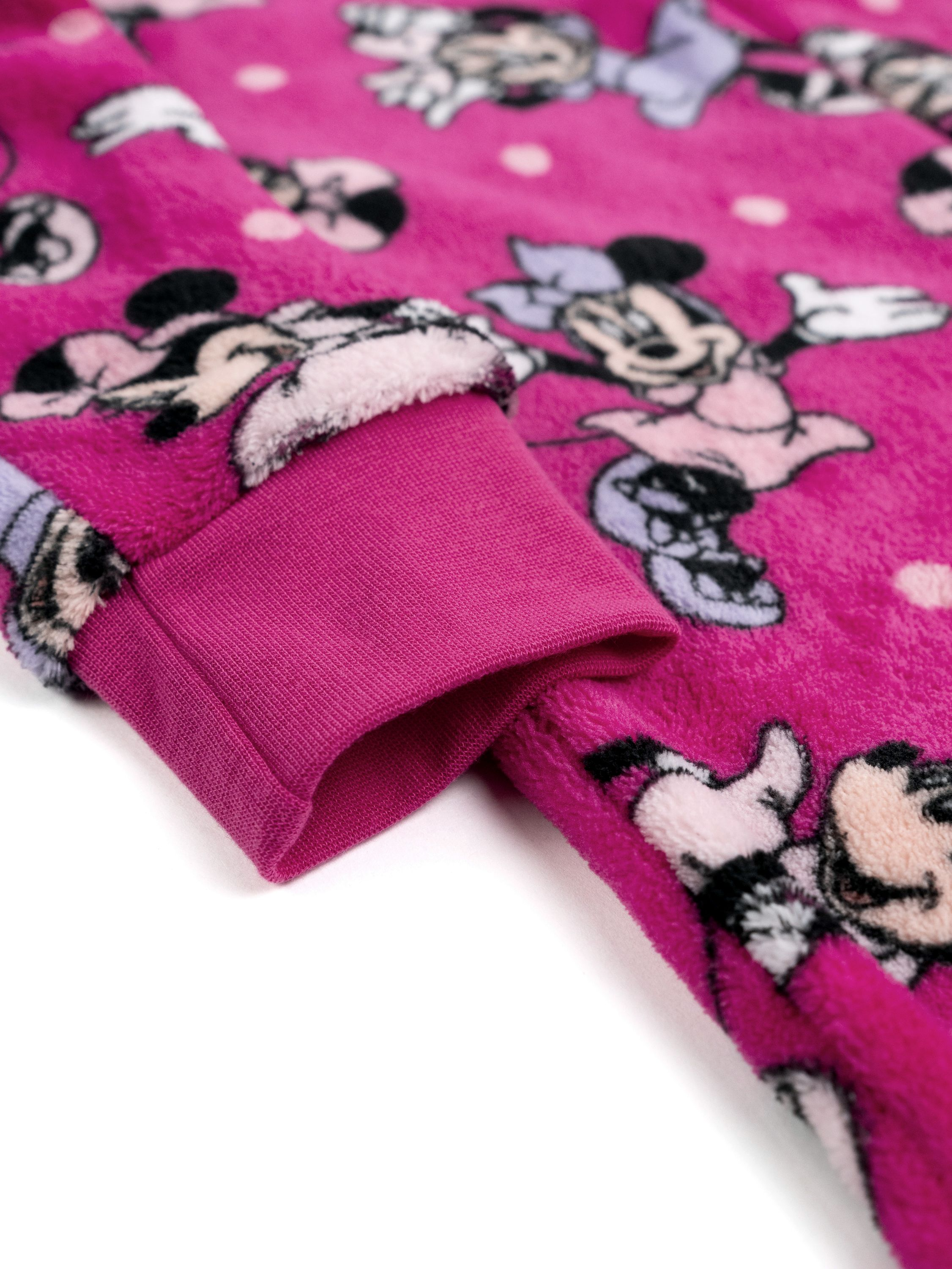 Fuchsiafarbener Fleece-Strampler mit Minnie-Maus-Aufdruck und Manschetten.