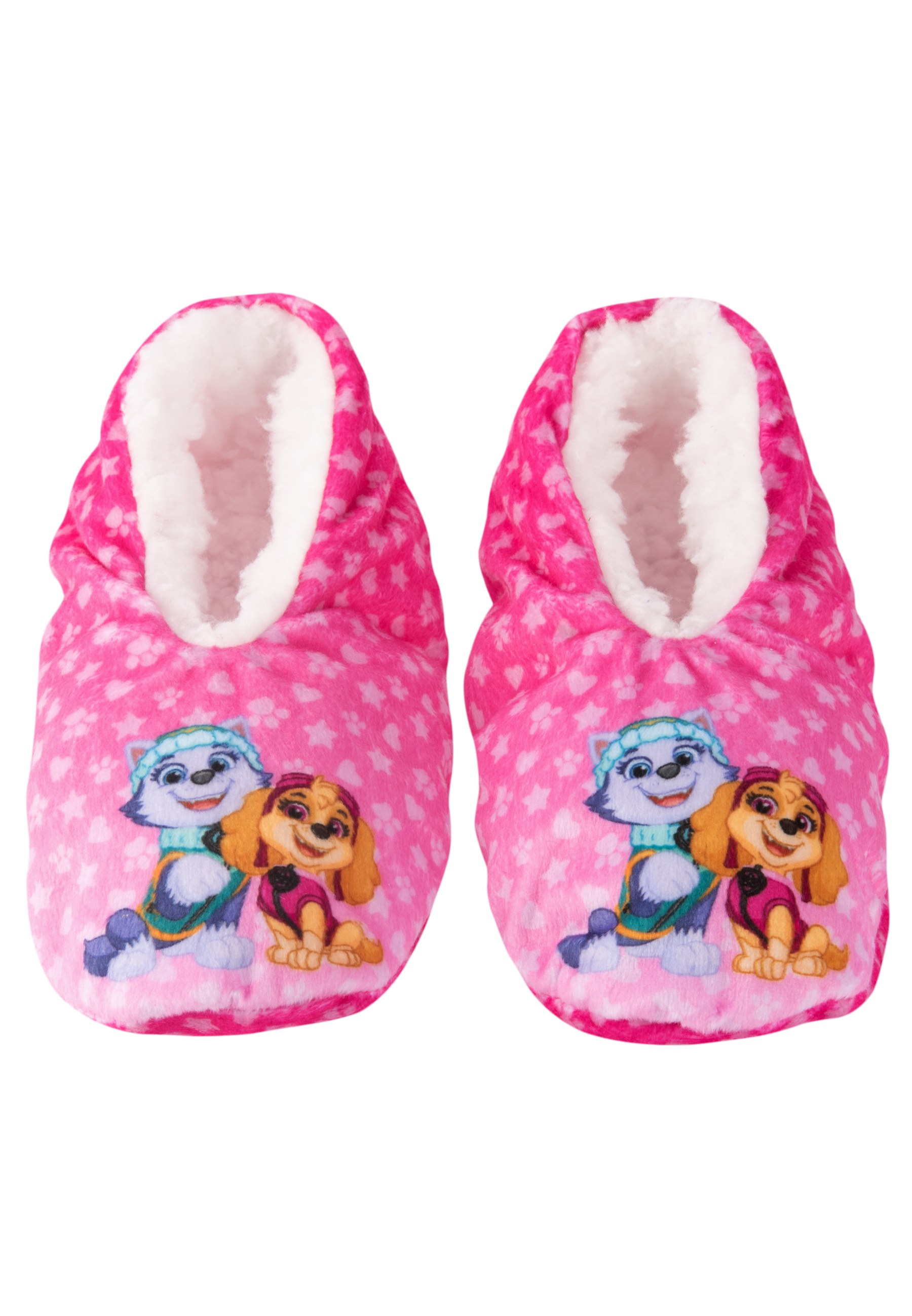 Zwei pinke Hausschuhe mit Paw Patrol Figuren und Sternenmuster.