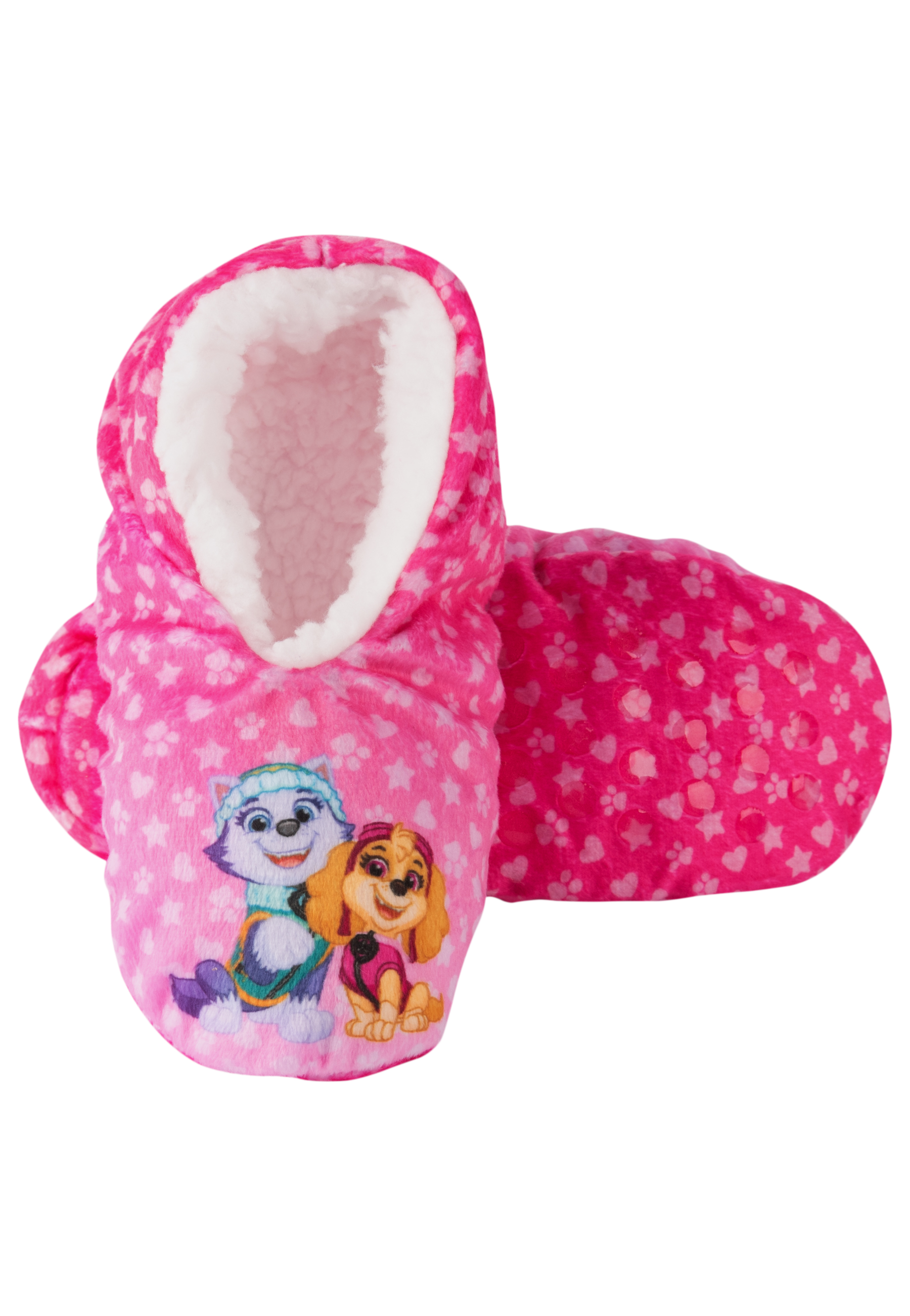 Pinke Hausschuhe mit Paw Patrol Figuren und Sternenmuster.
