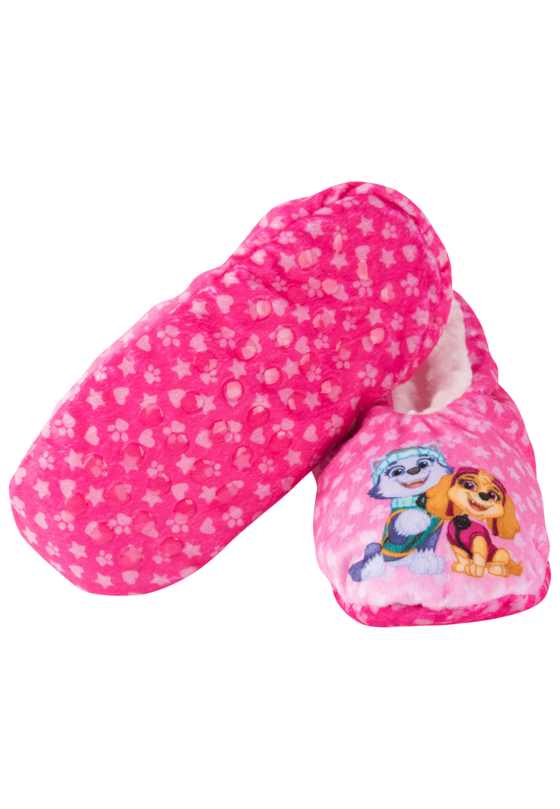 Pinke Hausschuhe mit Paw Patrol-Motiv und Sternen/Pfoten-Muster.