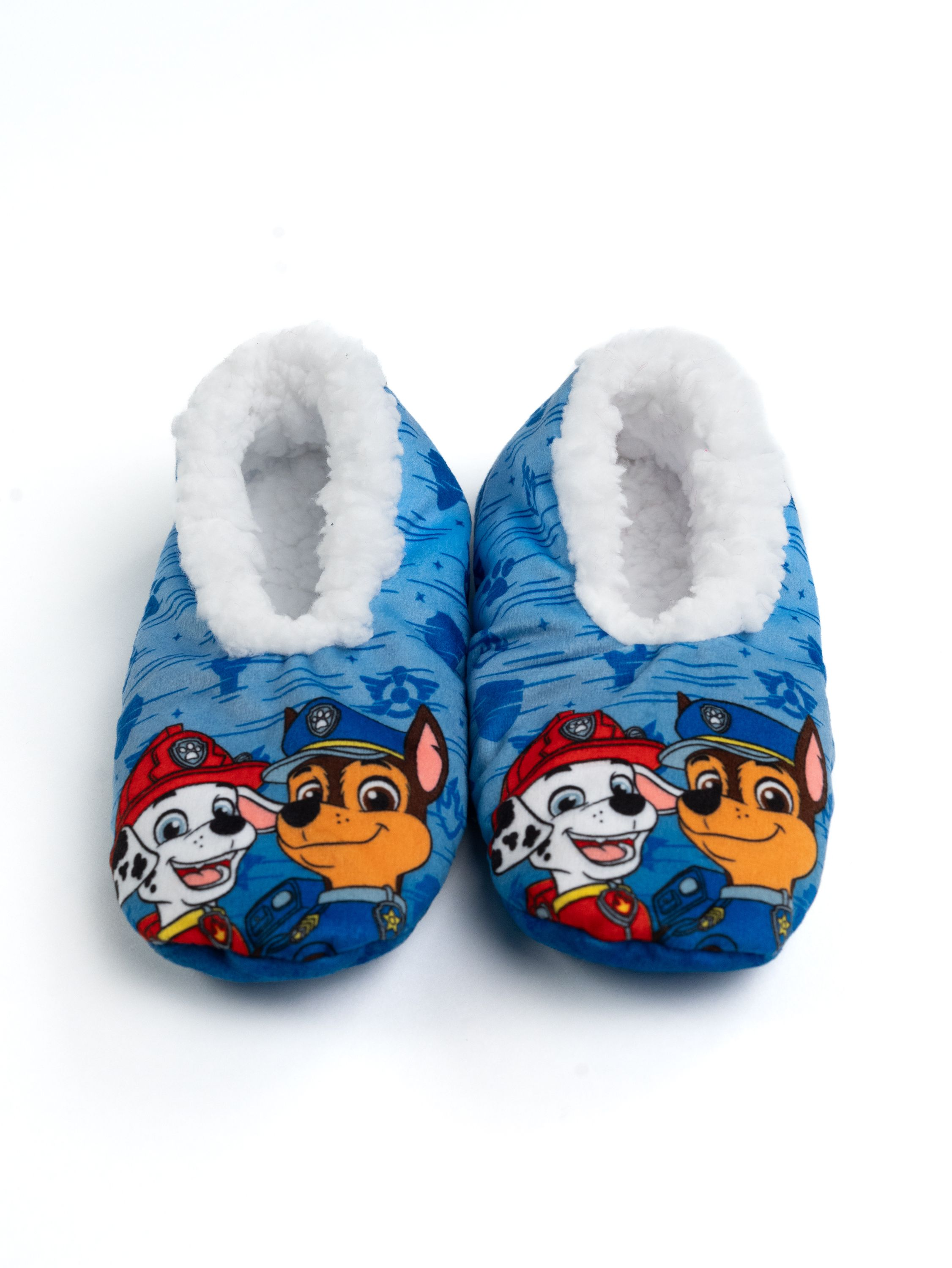 Blaue Paw Patrol Hausschuhe für Kinder mit Marshall und Chase.