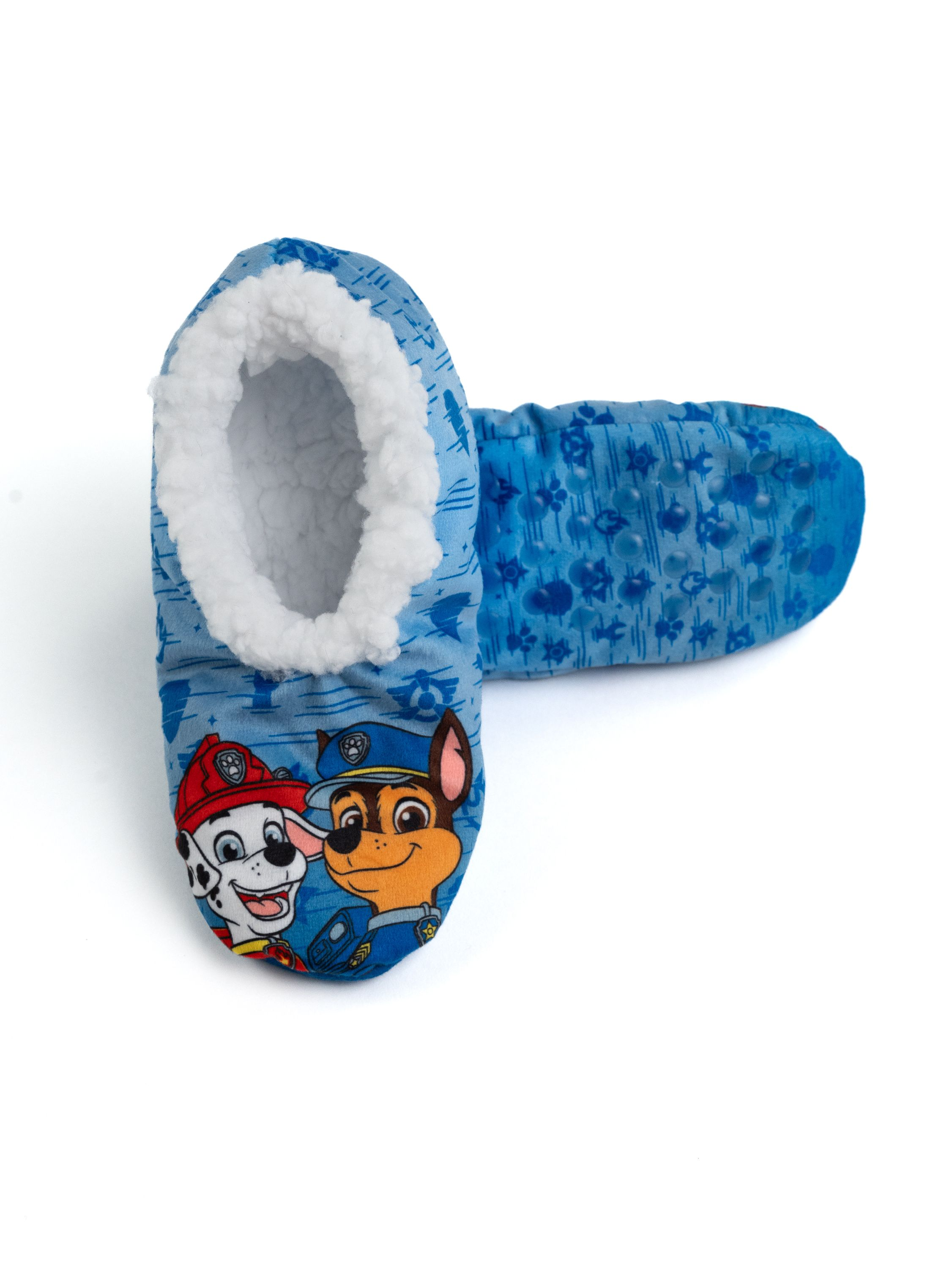 Blaue Paw Patrol Hausschuhe mit Fellfutter und Paw Patrol Charakteren.