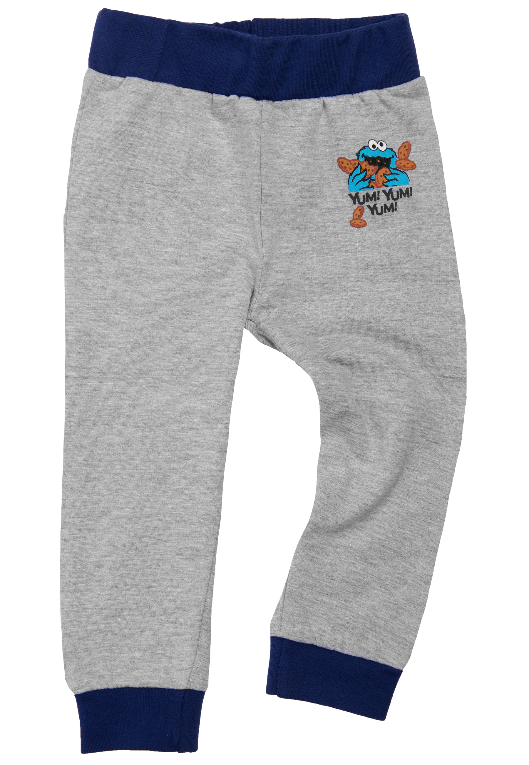 Graue Jogginghose mit Cookie Monster Motiv und blauen Bündchen.