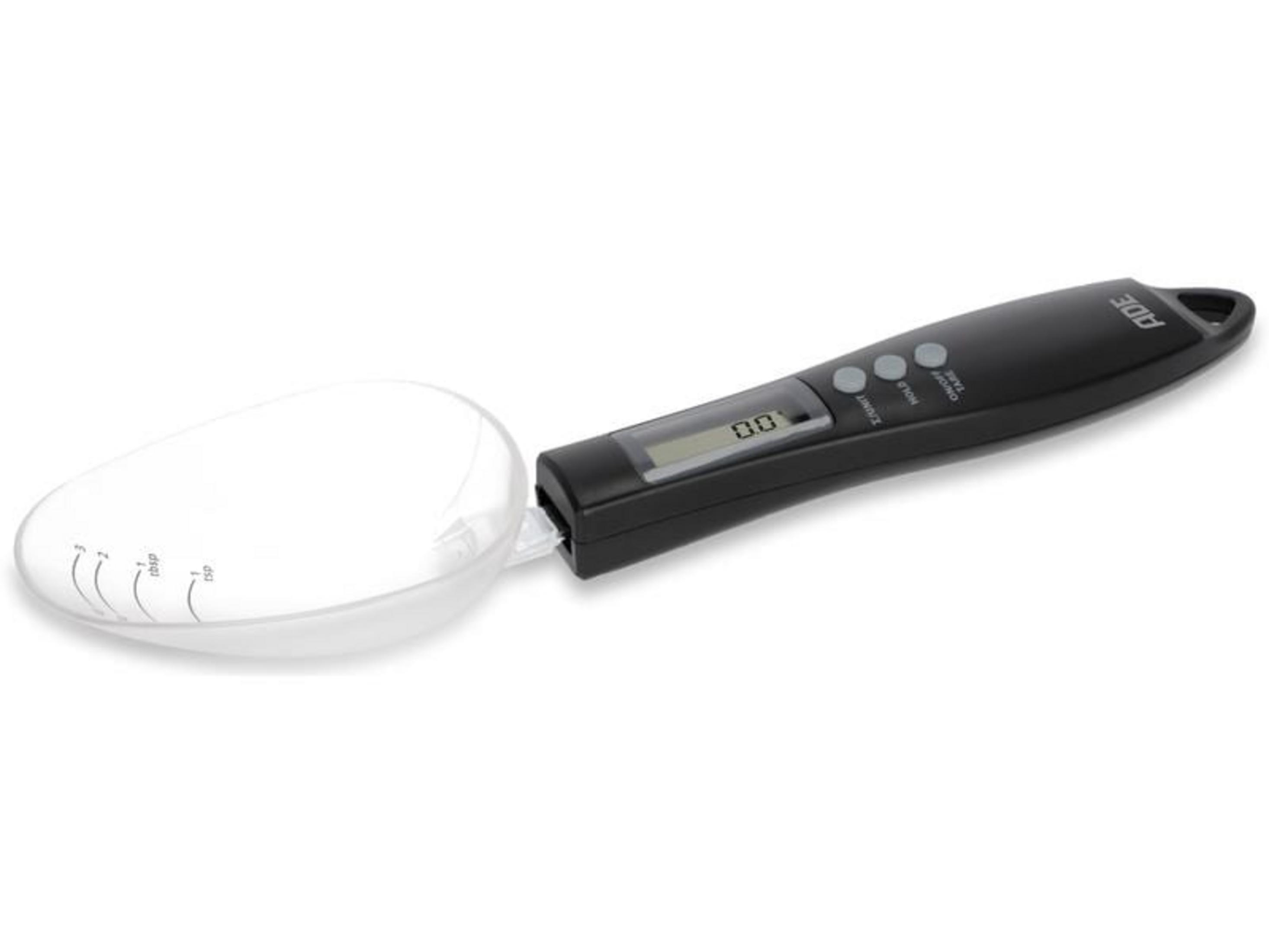 Une balance cuillère numérique noire avec une coupelle transparente et des graduations.