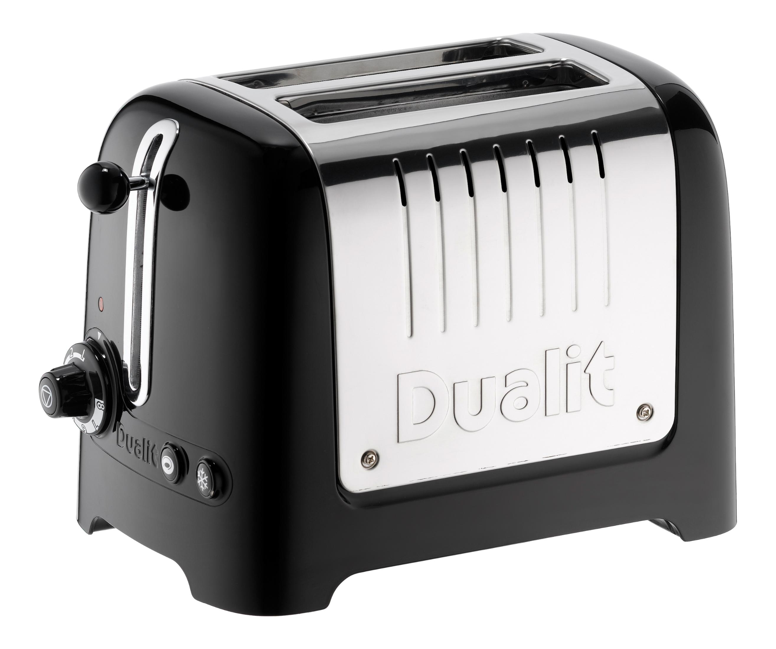 Ein glänzender schwarzer Toaster mit Chromdetails und einem Hebel.