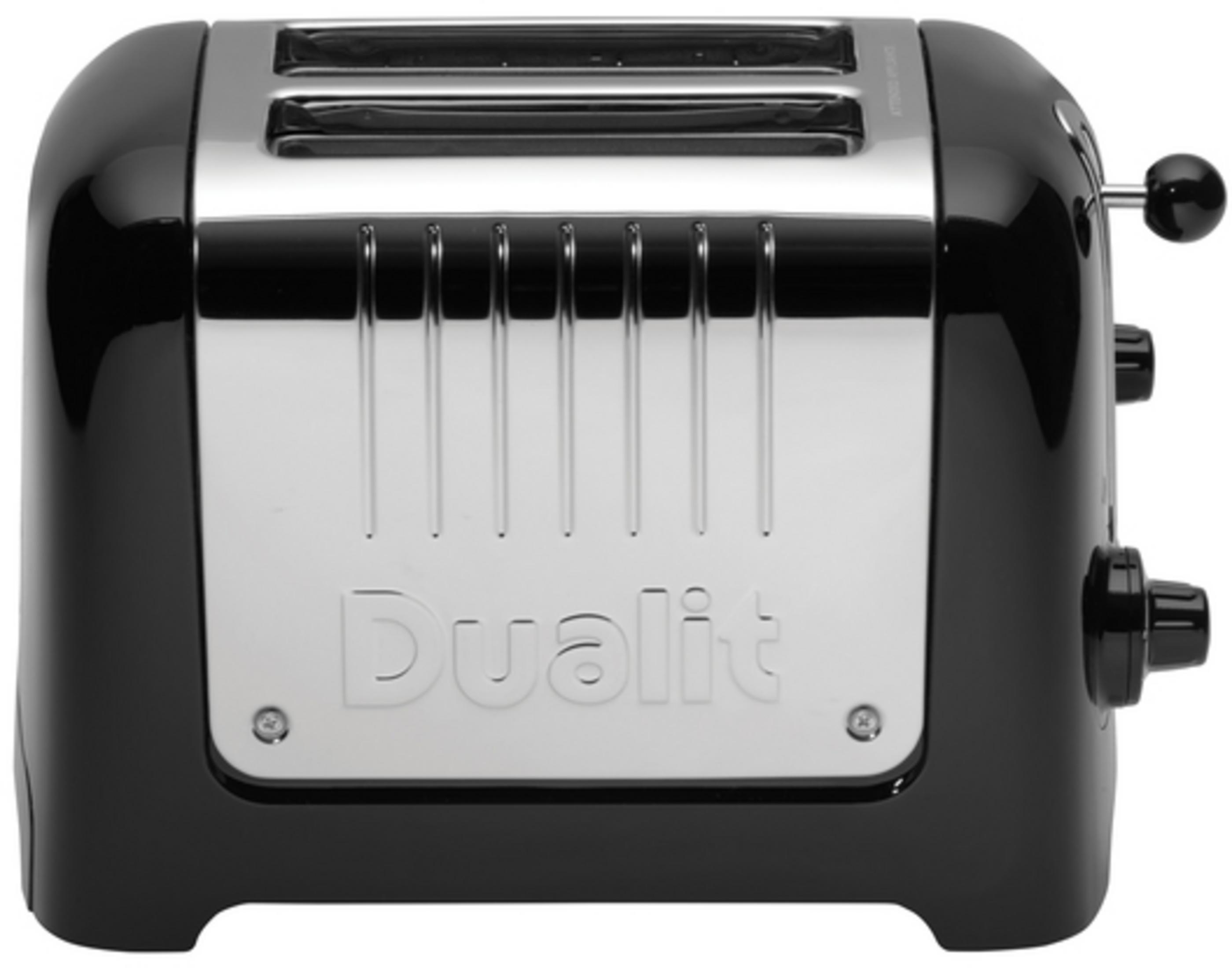 Ein glänzender schwarzer Toaster mit Chromdetails und einem "Dualit"-Logo.