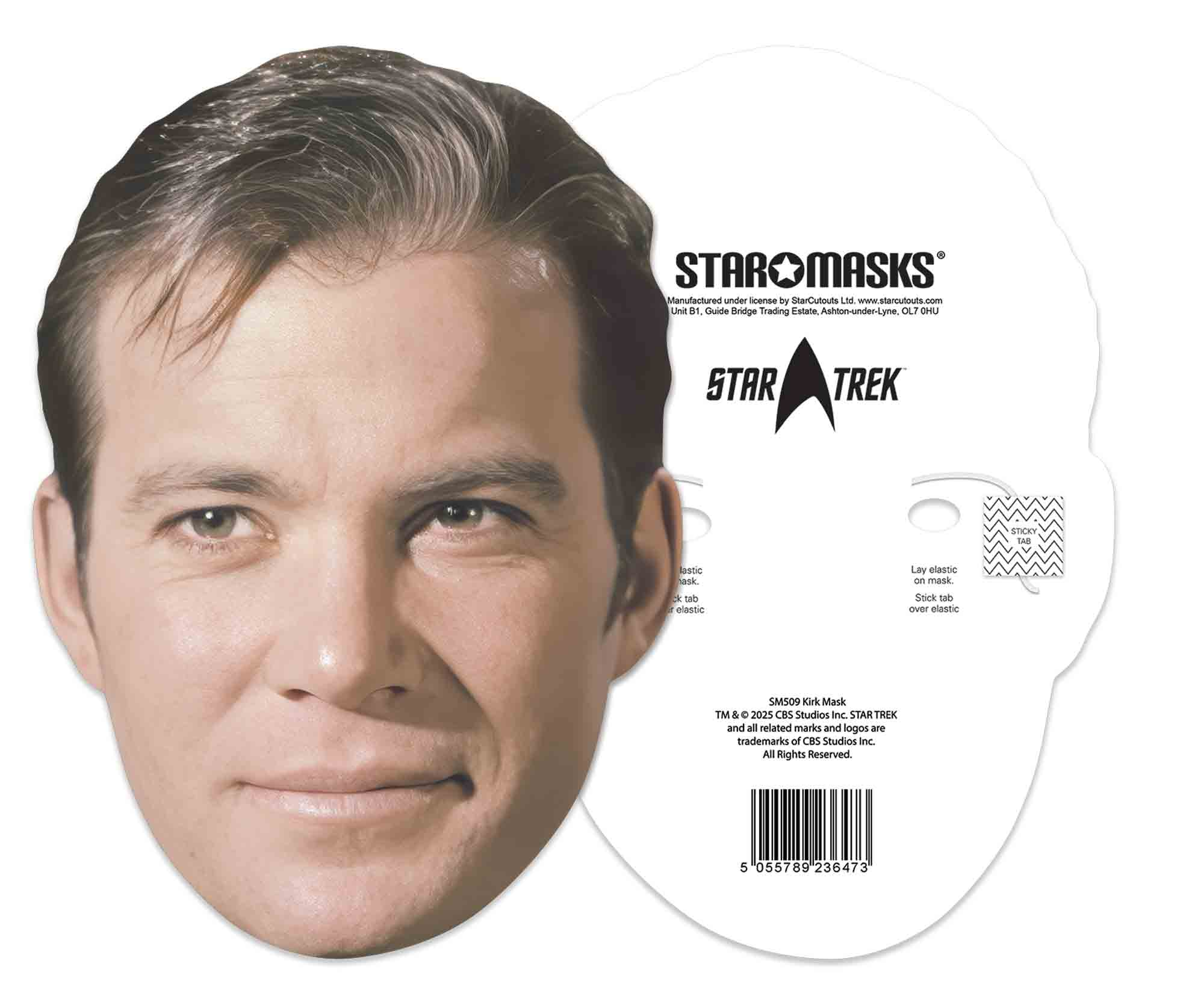 Masken-Ausschnitt von Captain Kirk aus Star Trek mit Sternenmasken-Logo.