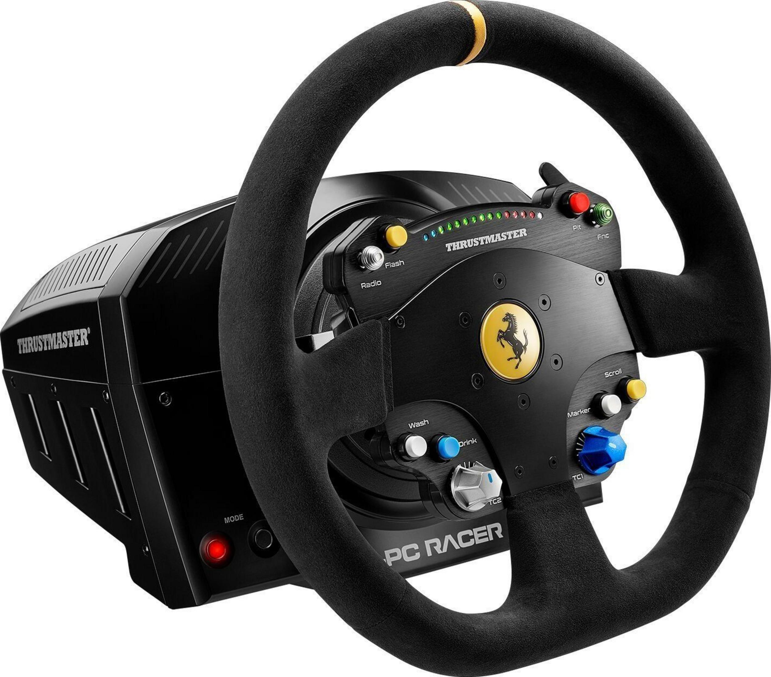 Schwarzes Rennlenkrad mit gelbem Ferrari-Logo und vielen Knöpfen.