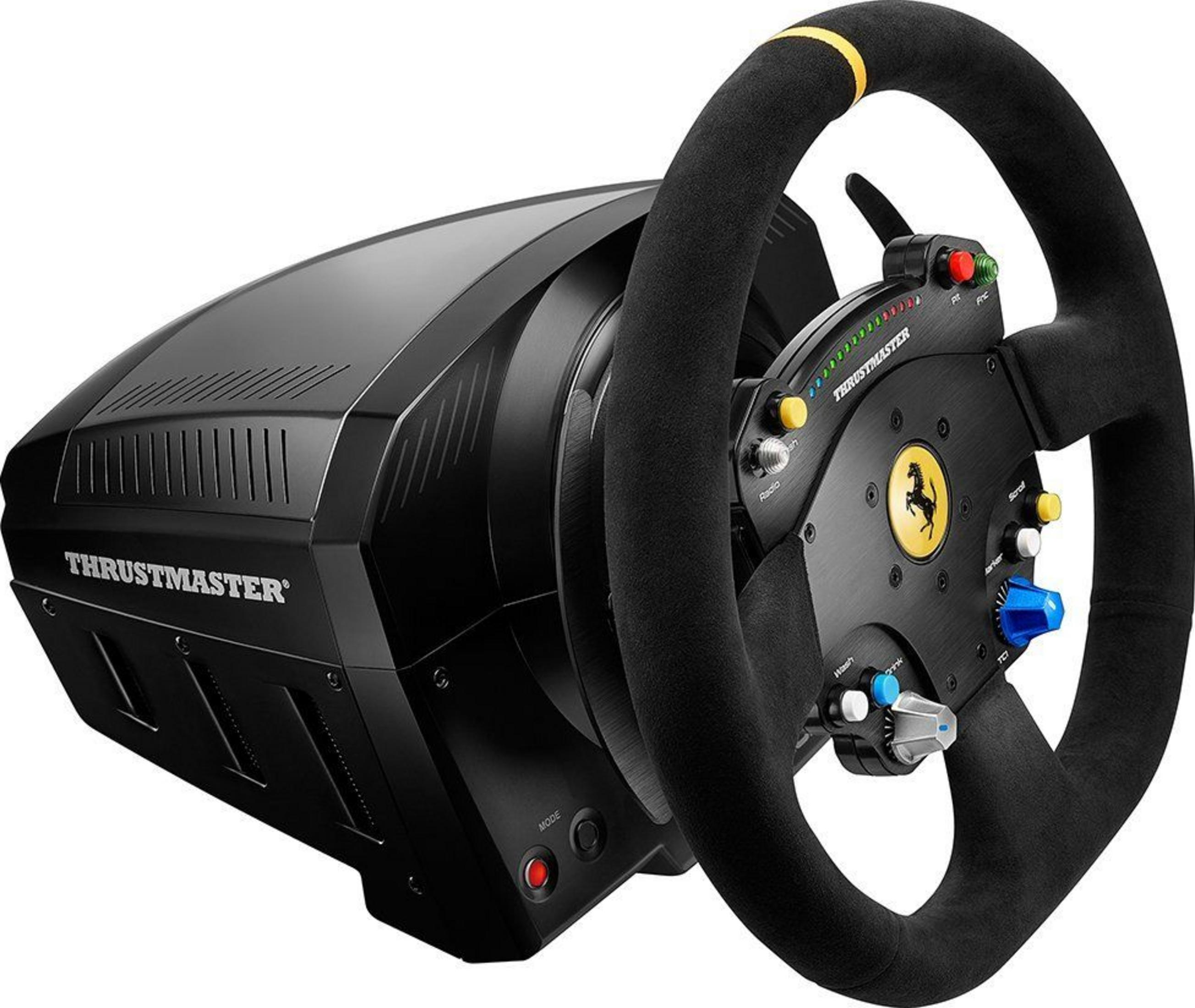 Schwarzes Rennlenkrad mit gelbem Streifen, Ferrari-Logo und vielen Knöpfen.