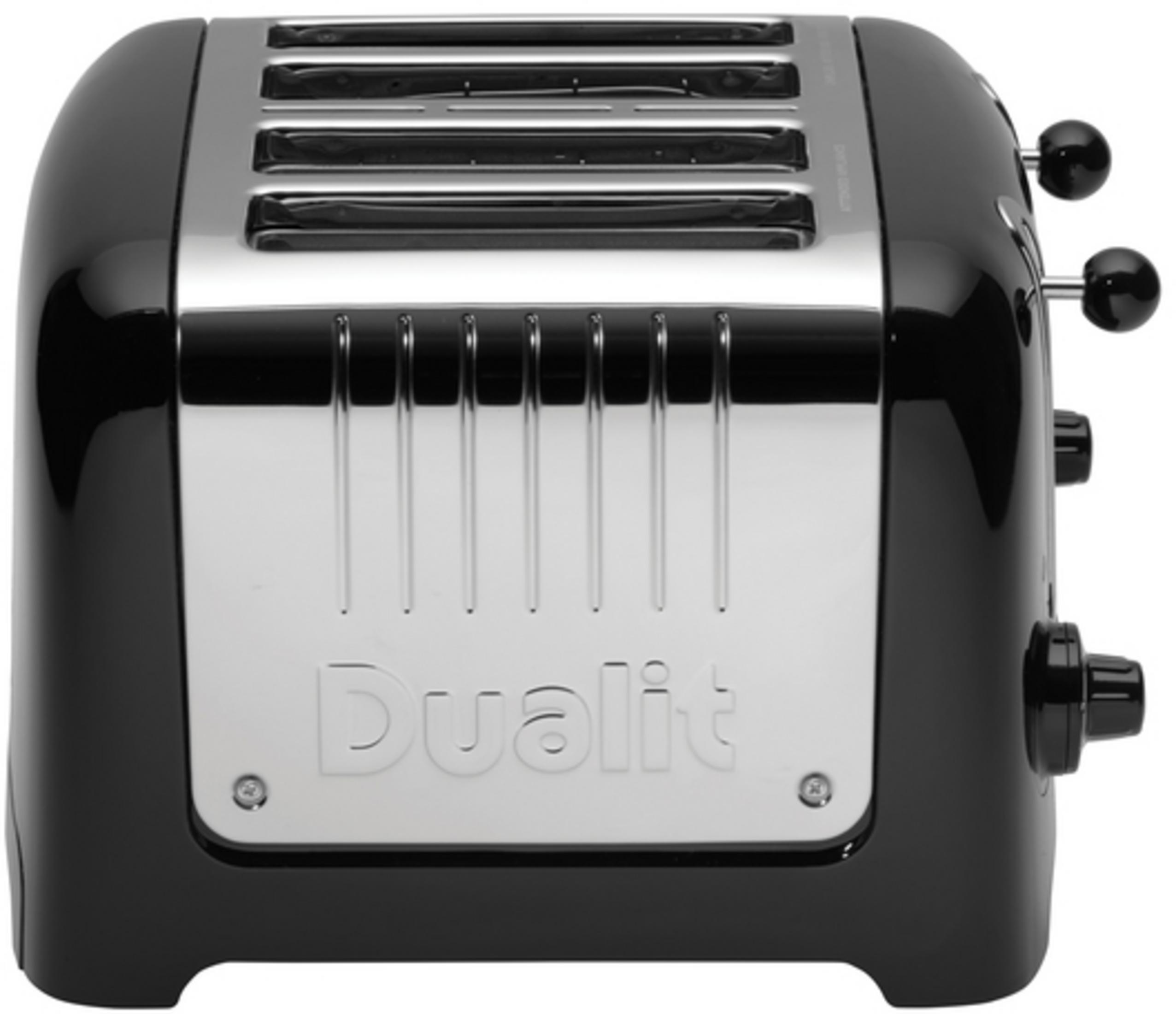 Tostapane nero con finiture cromate e quattro fessure. Logo "Dualit".