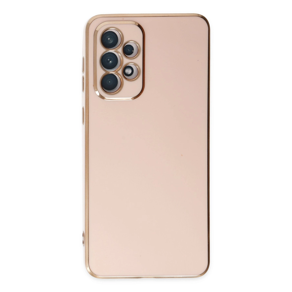 Kamera modülü düzenine sahip pembe altın telefon kılıfı tasarımı.