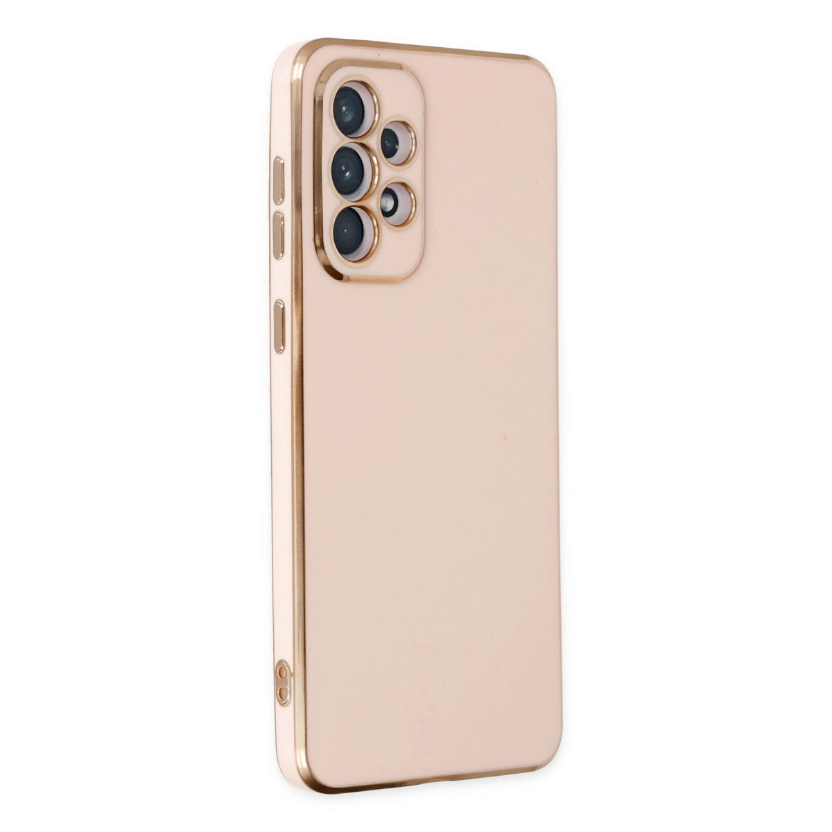 Altın kenarlı, açık pembe telefon kılıfı ve kamera kesiği.