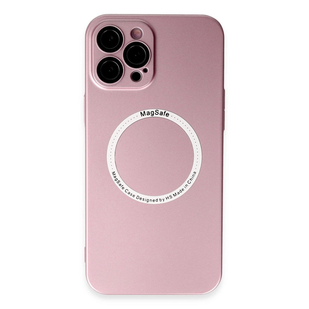 MagSafe logolu ve üç kamera lensli pembe telefon kılıfı.