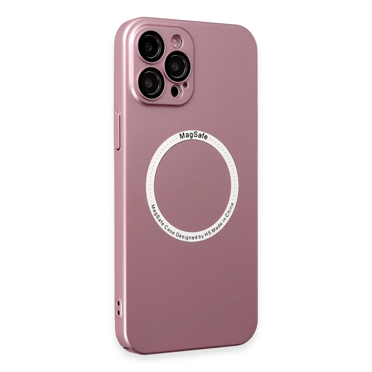 Üç kamera lensli ve MagSafe logolu, rose gold renkli telefon kılıfı.
