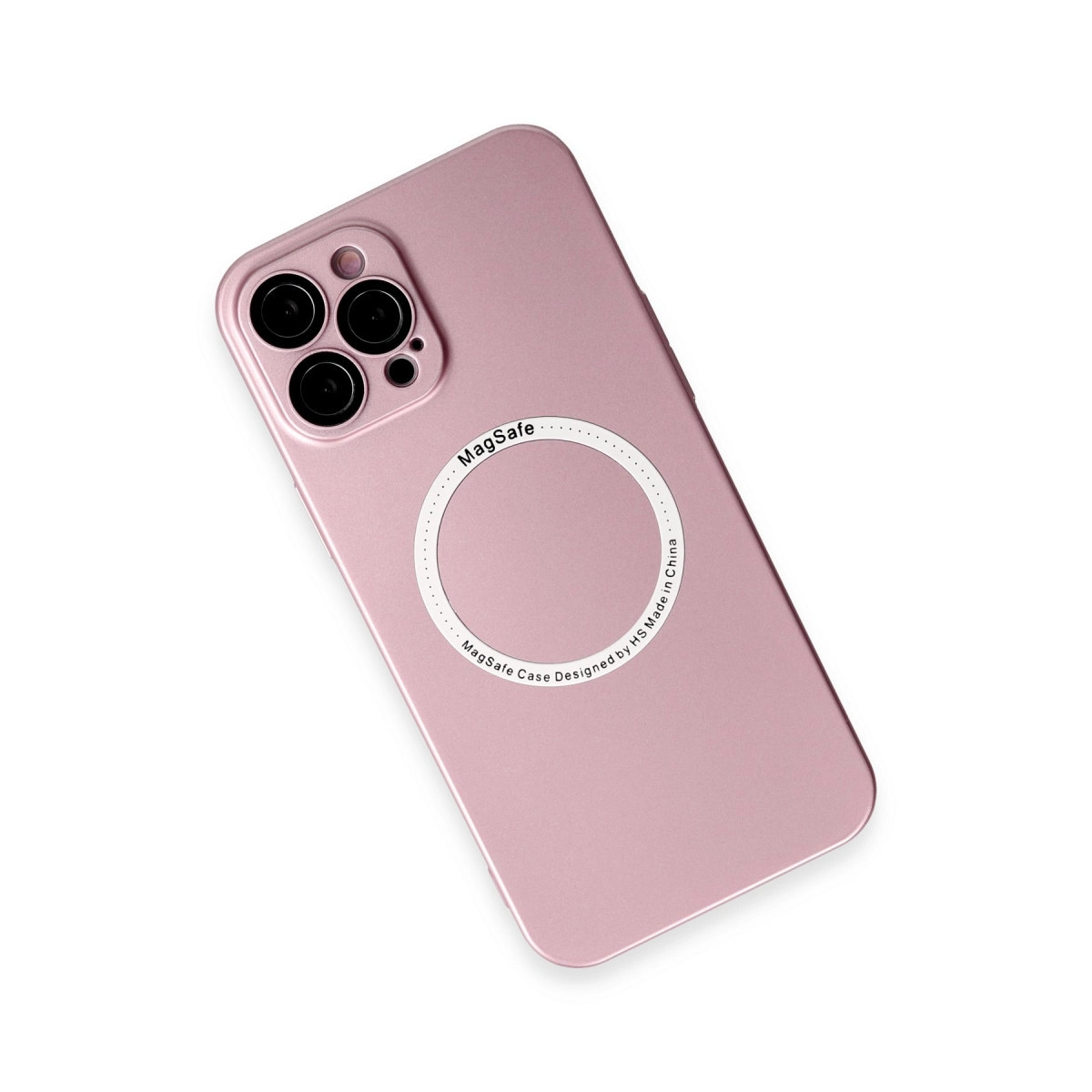 MagSafe halkalı ve kamera modüllü pembe telefon kılıfı.