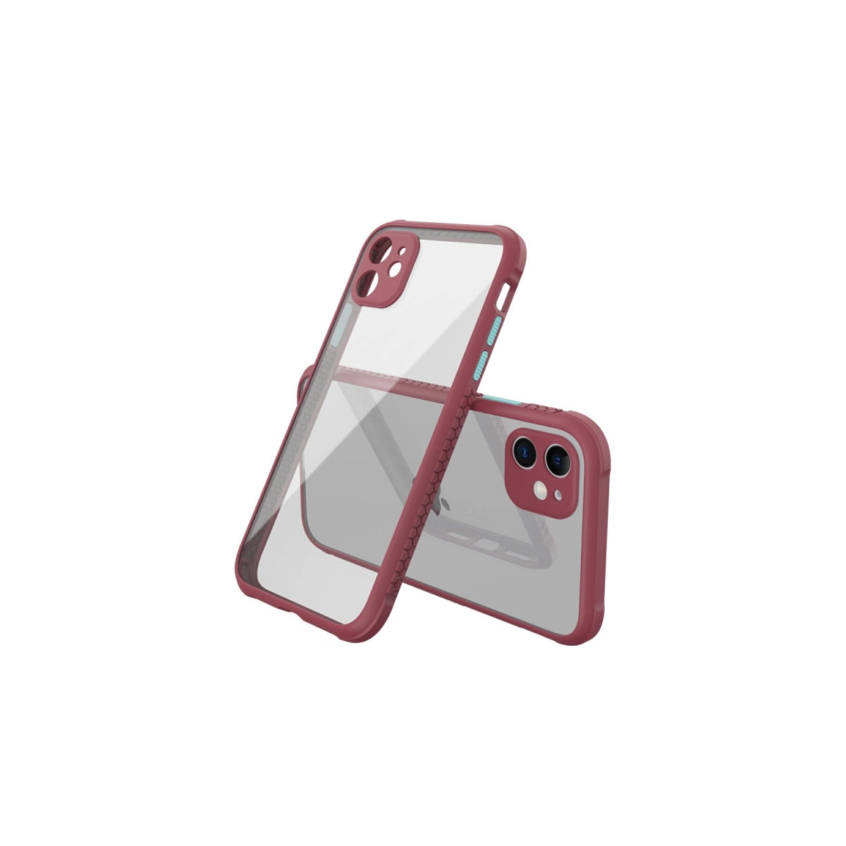 Bordo kenarlı iki şeffaf telefon kılıfı. Bir kılıf diğerinin arkasında duruyor.