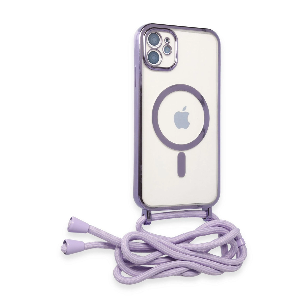 MagSafe ve kordonlu mor iPhone kılıfı, beyaz arka planda.