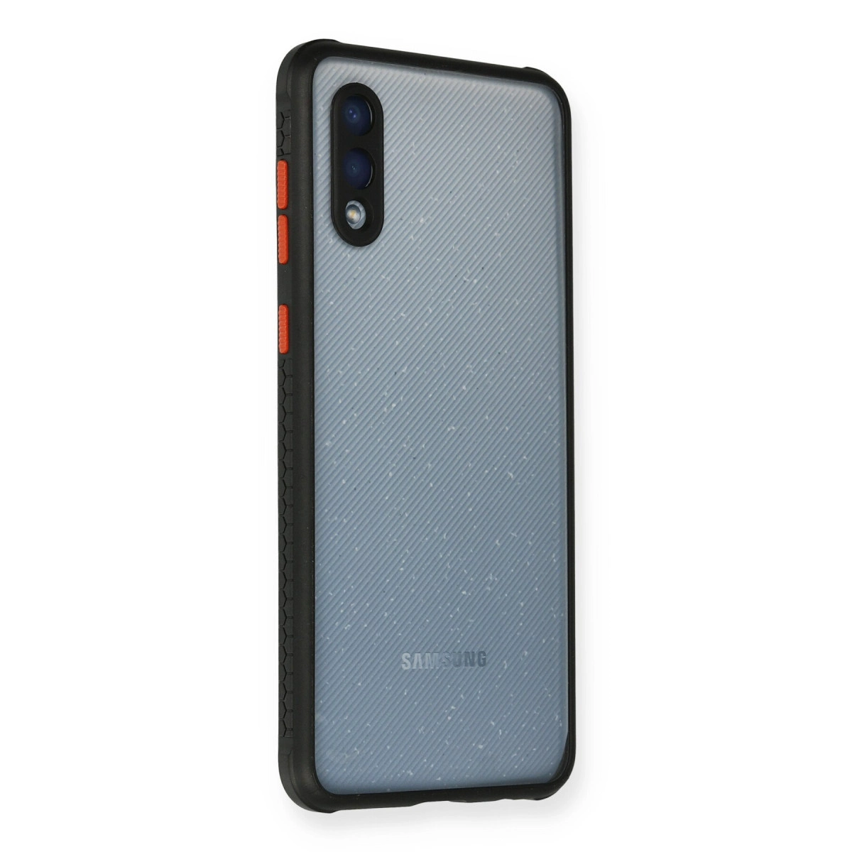 Siyah çerçeveli ve turuncu düğmeli gri Samsung telefon.