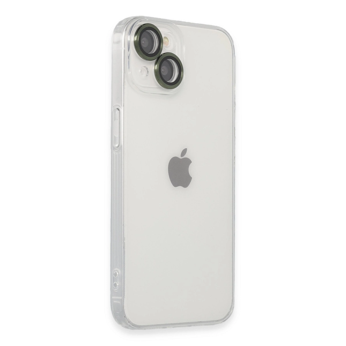 İki kameralı ve Apple logosu olan şeffaf iPhone kılıfı.