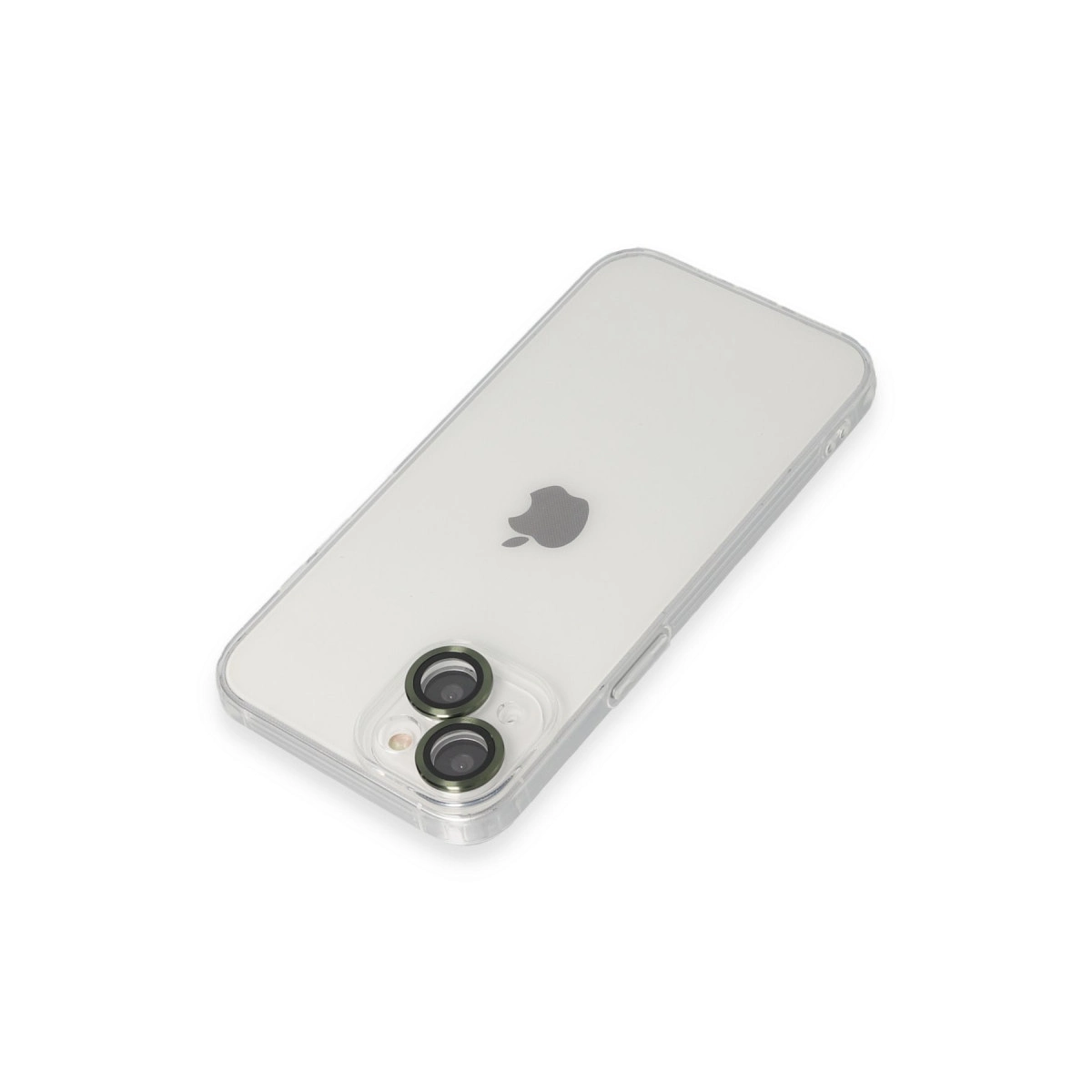 Beyaz arka plan üzerinde şeffaf telefon kılıfı, Apple logosu ve kamera lensleri.