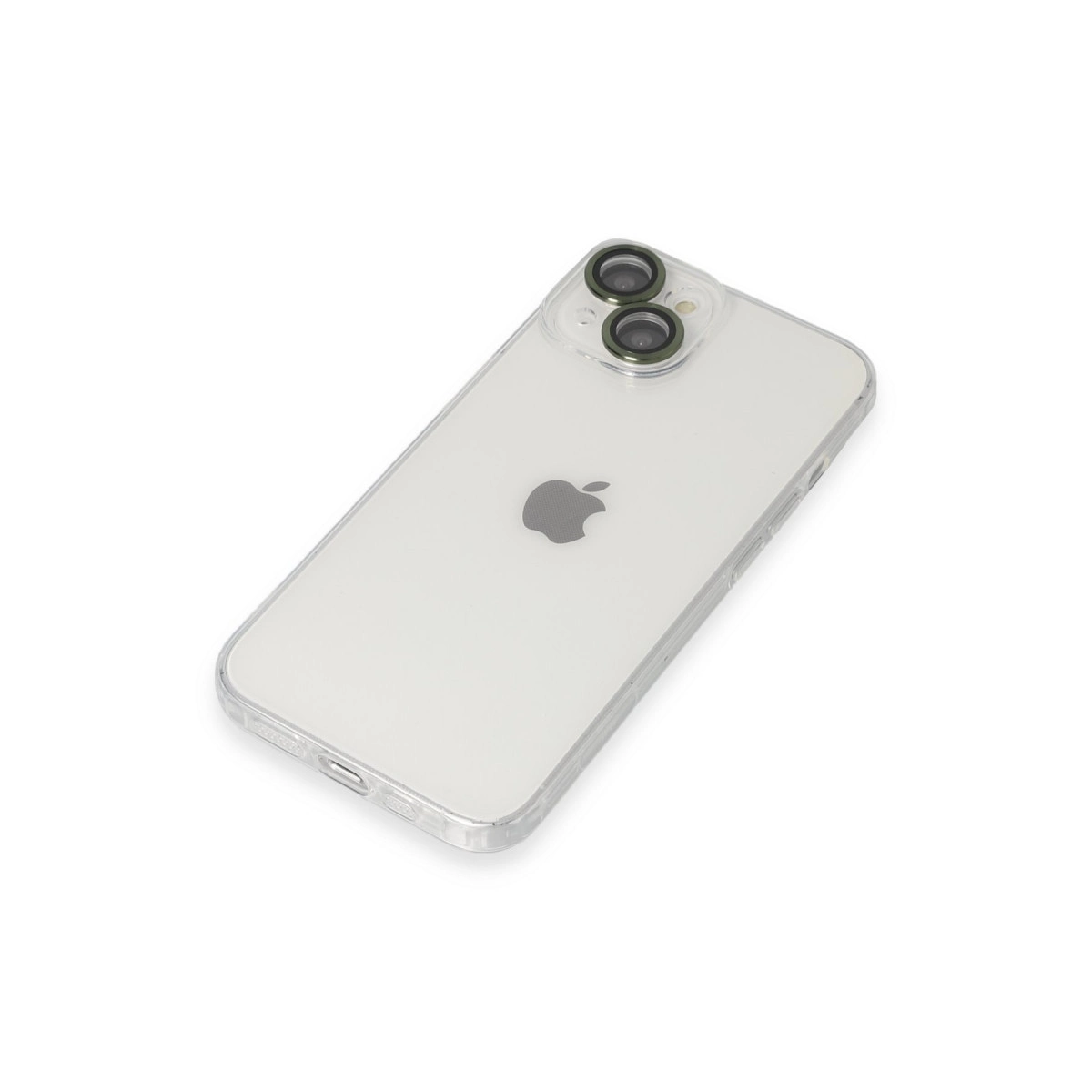 Apple logosu ve iki kamerası olan şeffaf iPhone kılıfı.