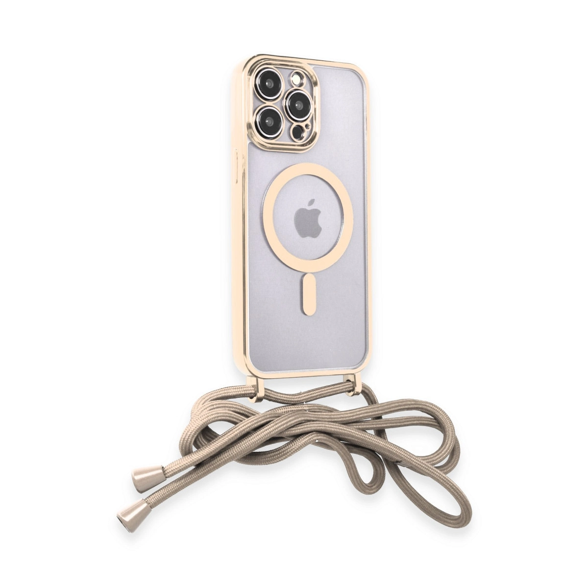 MagSafe ve kordonlu altın rengi iPhone kılıfı