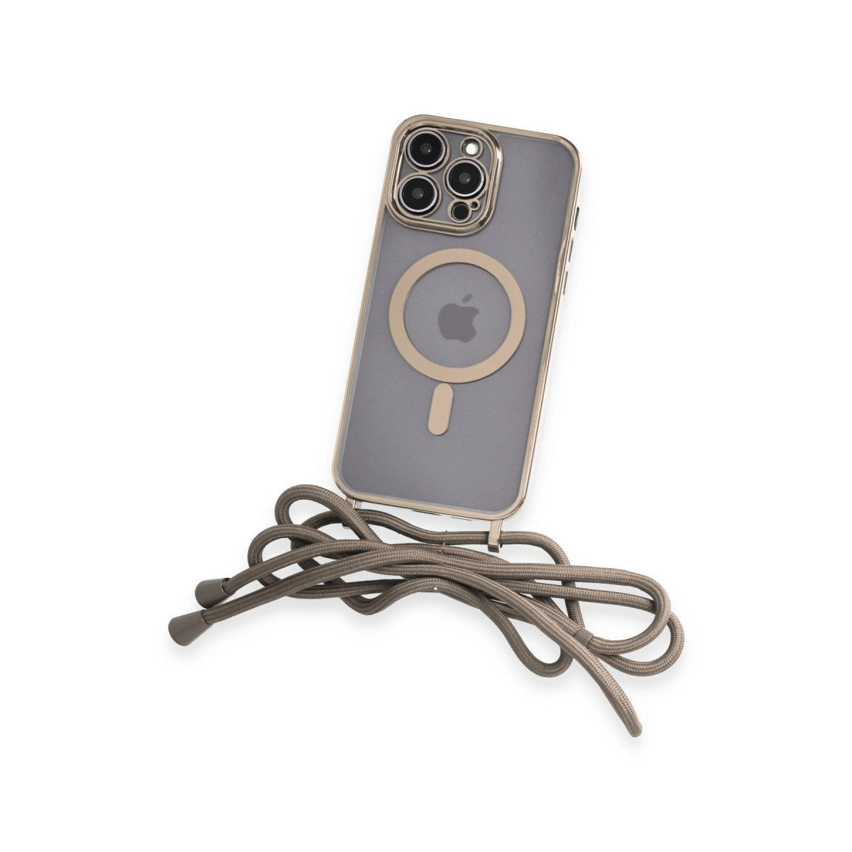 MagSafe'li ve kordonlu gri telefon kılıfı beyaz arka planda.