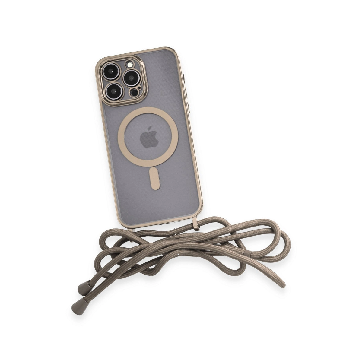 Altın kenarlı ve örgülü askılı gri bir iPhone kılıfı beyaz yüzeyde duruyor.
