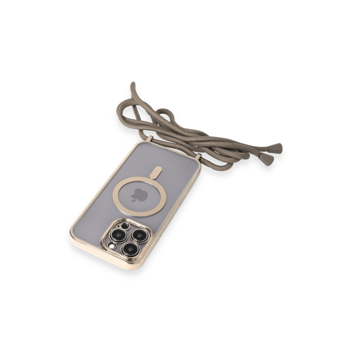 MagSafe halkalı ve kordonlu gri iPhone kılıfı.