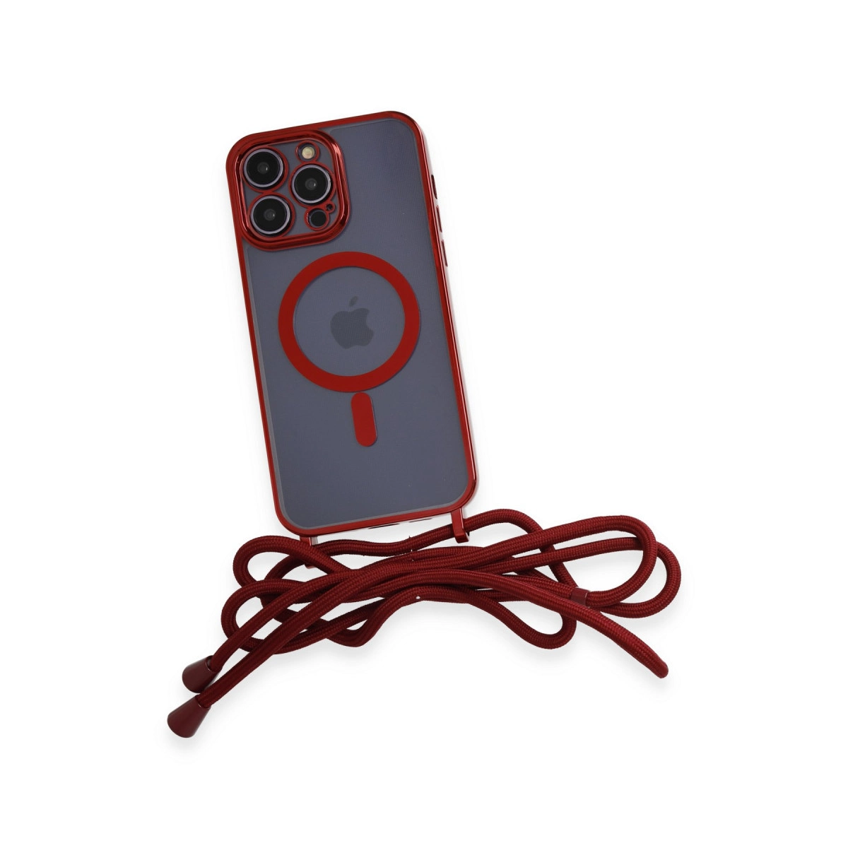 Kırmızı iPhone kılıfı, beyaz arka plan üzerinde kordonlu.