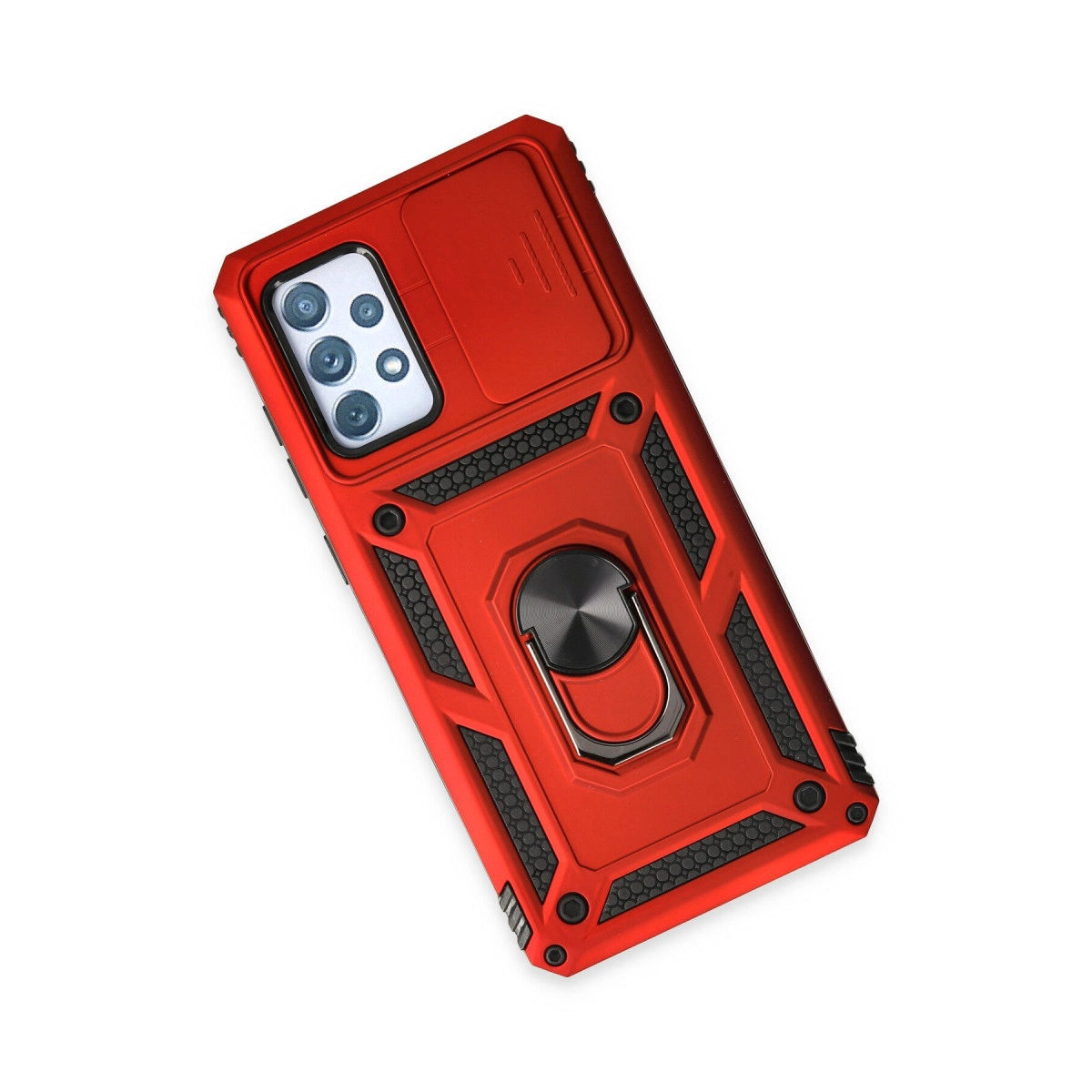 Kamera kapaklı, halka tutuculu, dokulu eklemeli kırmızı telefon kılıfı.