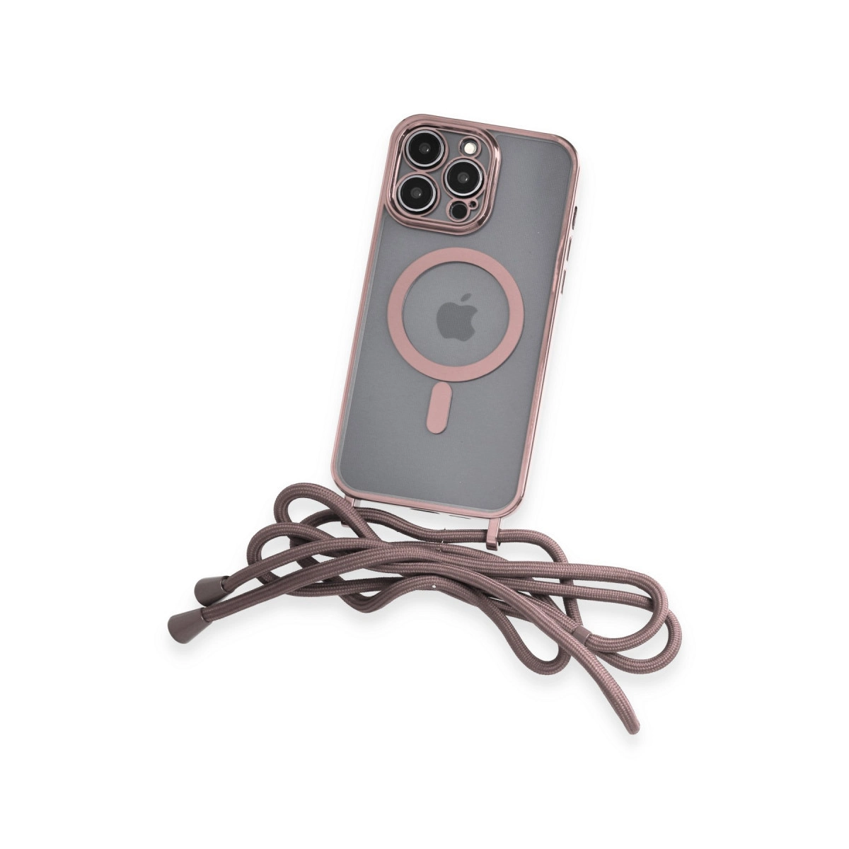 Arkası şeffaf, rose gold iPhone kılıfı ve kordonu gösteriliyor.