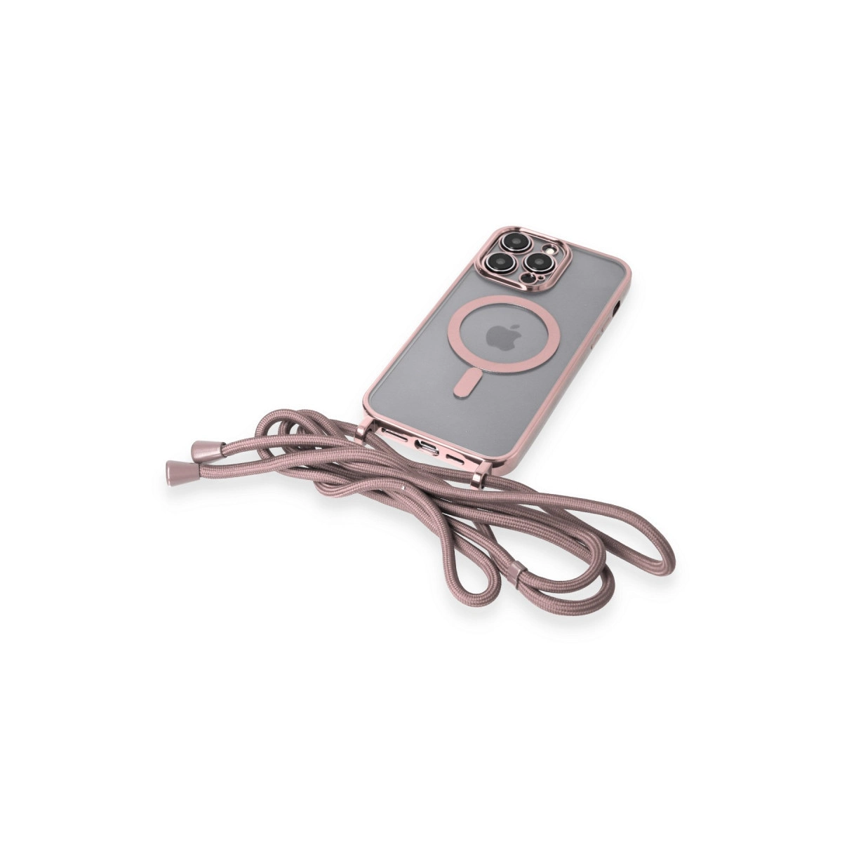 Gül altın kenarlı ve kordonlu şeffaf iPhone kılıfı.