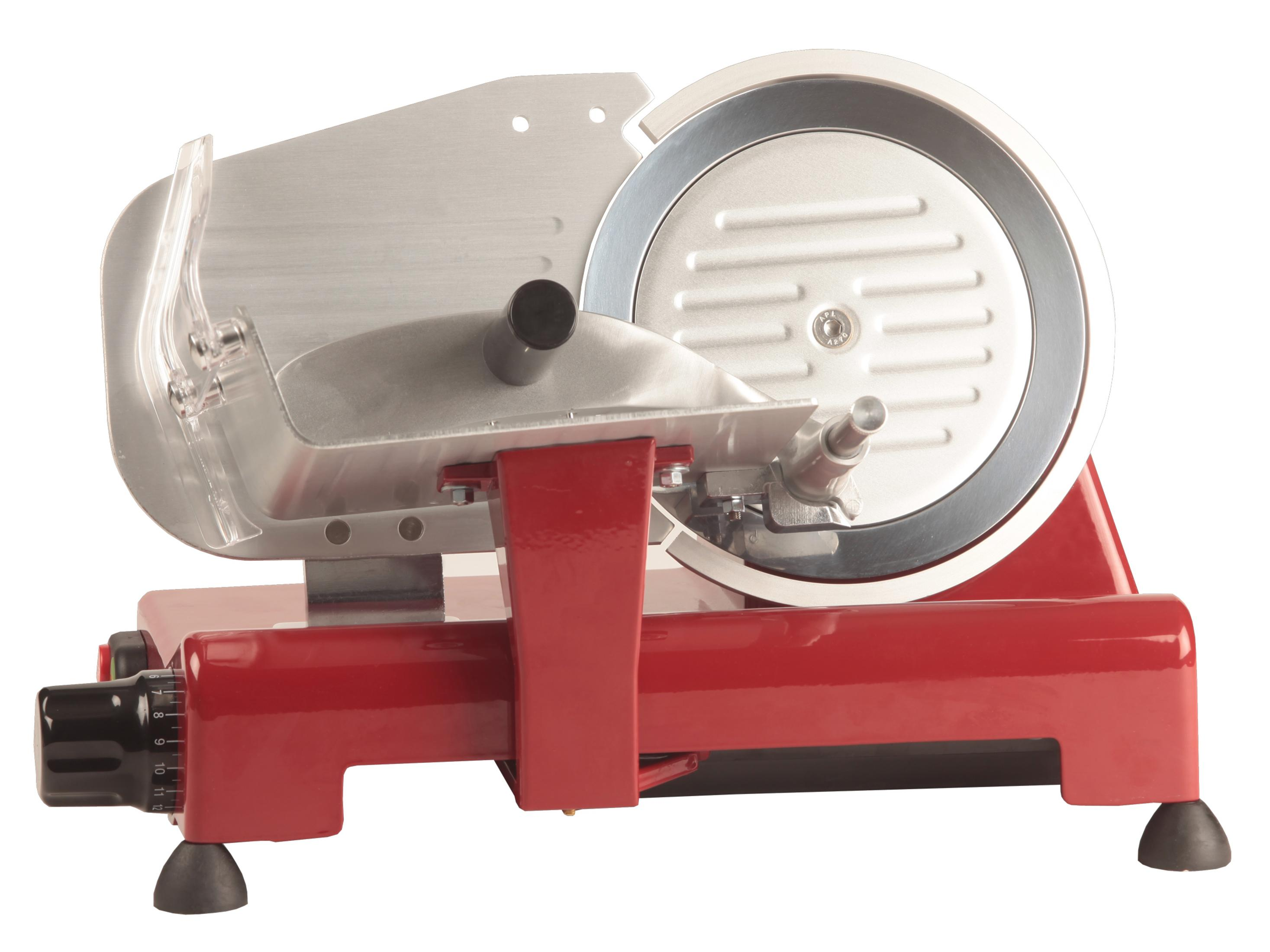 Une trancheuse électrique rouge avec protège-lame poli et bouton de réglage.