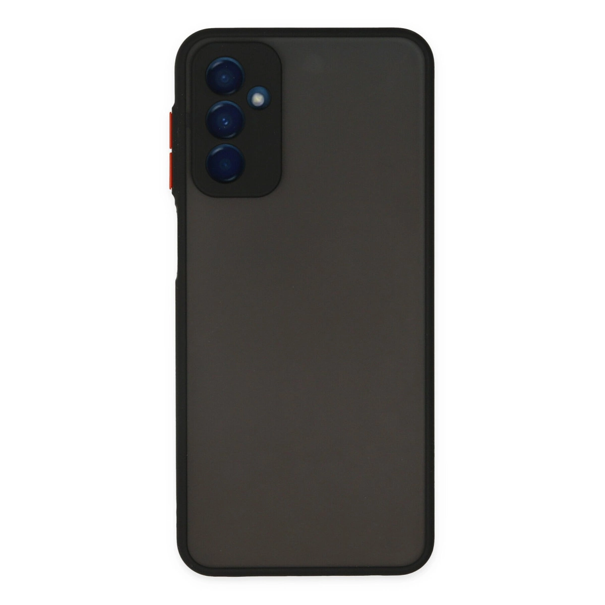 Koyu gri akıllı telefon, üçlü arka kamera ve kırmızı vurguya sahip.