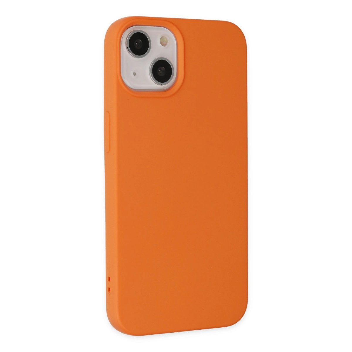 Kamera oyuntulu turuncu telefon kılıfı. Yakın çekim.