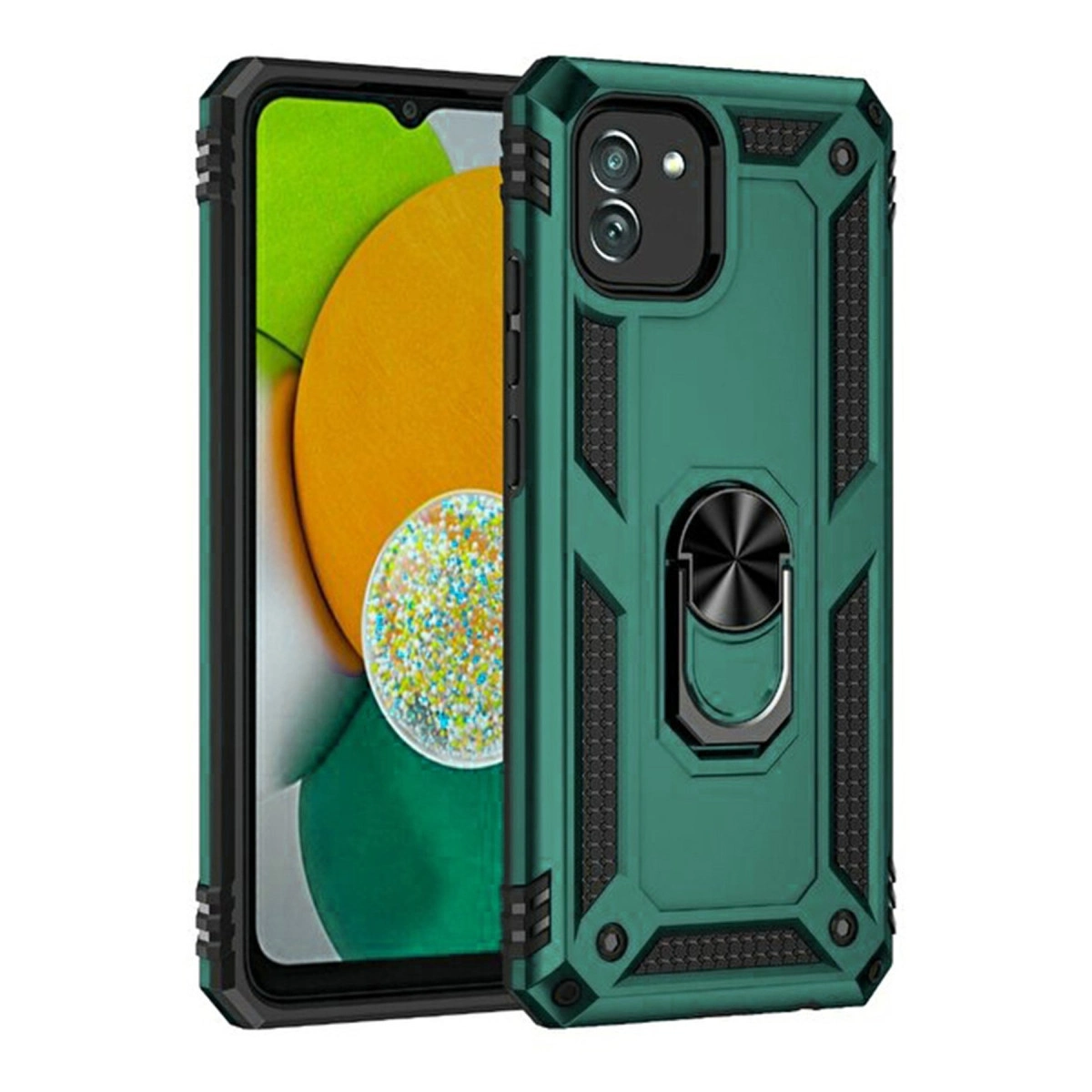 Halka tutuculu ve sağlam tasarımlı yeşil telefon kılıfı.