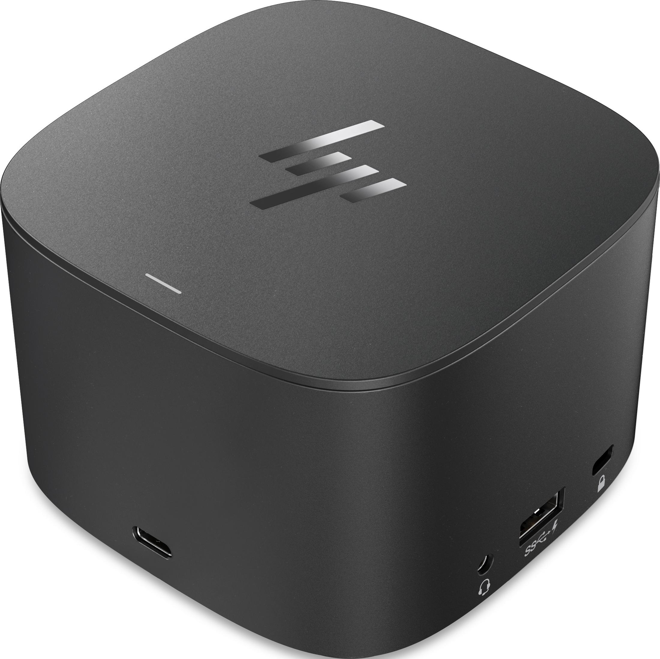 Ein schwarzer HP Mini-PC mit dem HP-Logo und Anschlüssen.