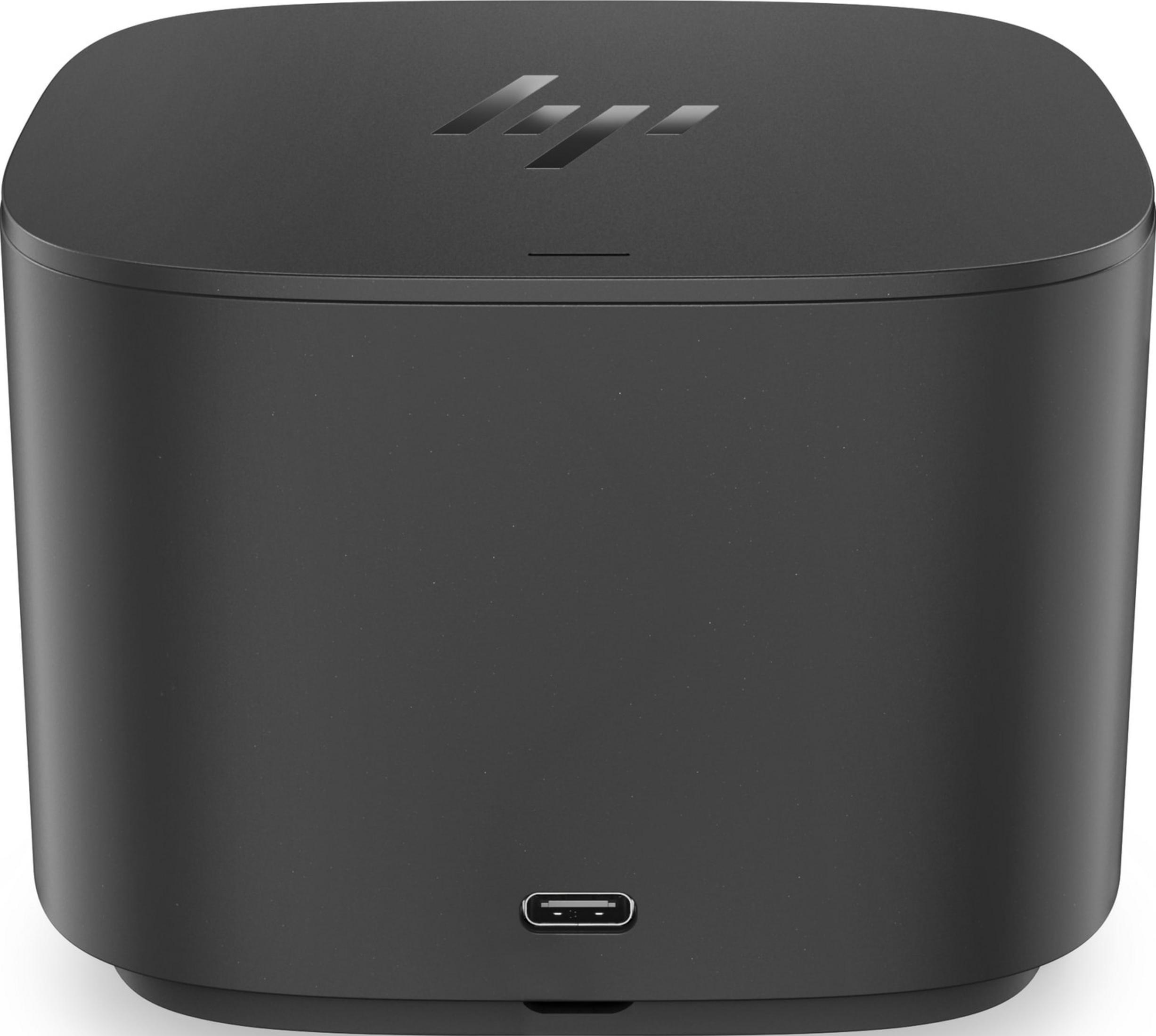 Ein schwarzer HP Docking-Würfel mit USB-C-Anschluss und HP-Logo.