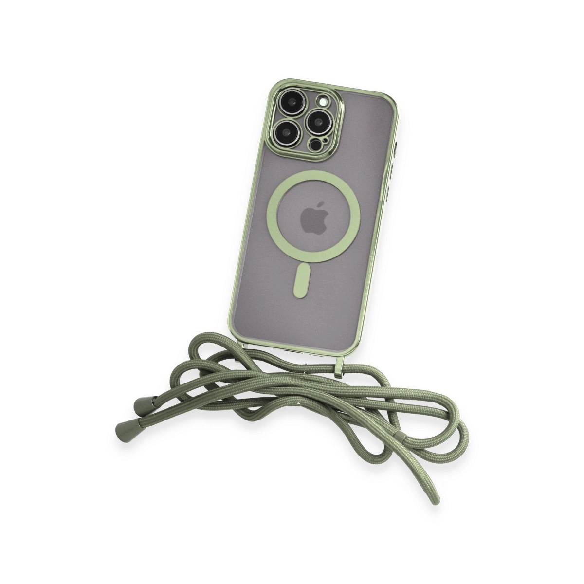 MagSafe ve kordonlu gri iPhone kılıfı beyaz zeminde duruyor.
