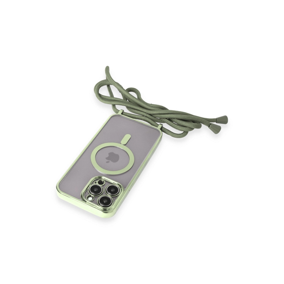 MagSafe halkalı ve kamera lensli gri telefon kılıfı, yeşil kordonlu.