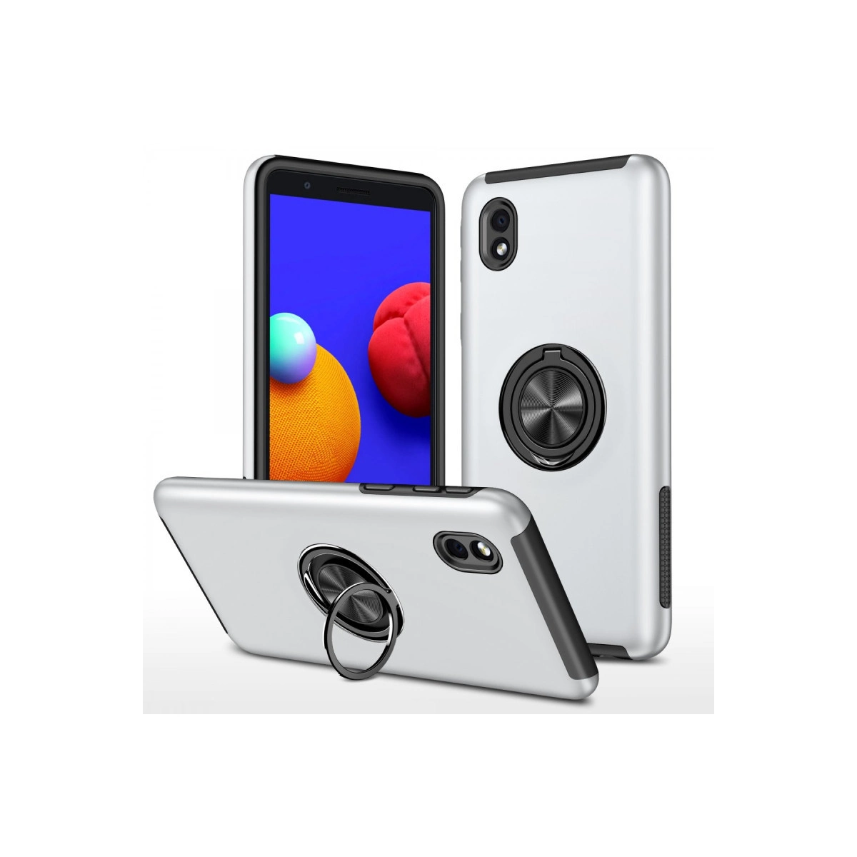 Beyaz arka plan üzerinde halka tutuculu üç beyaz telefon kılıfı.