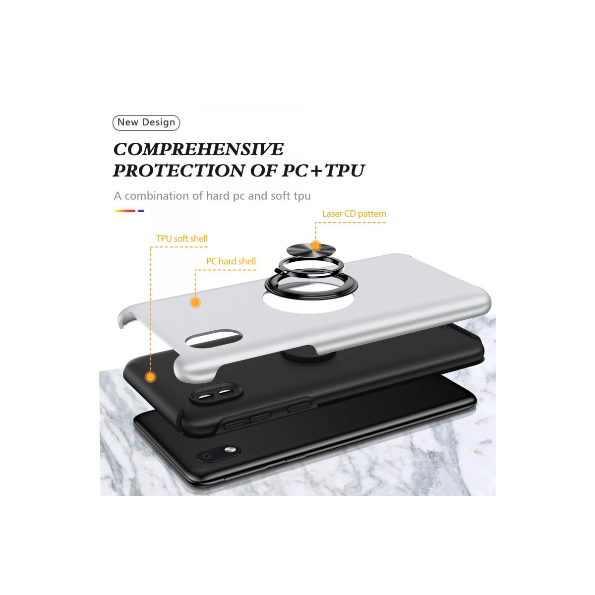 Lazer CD desenli PC ve TPU telefon kılıfının patlatılmış görünümü.