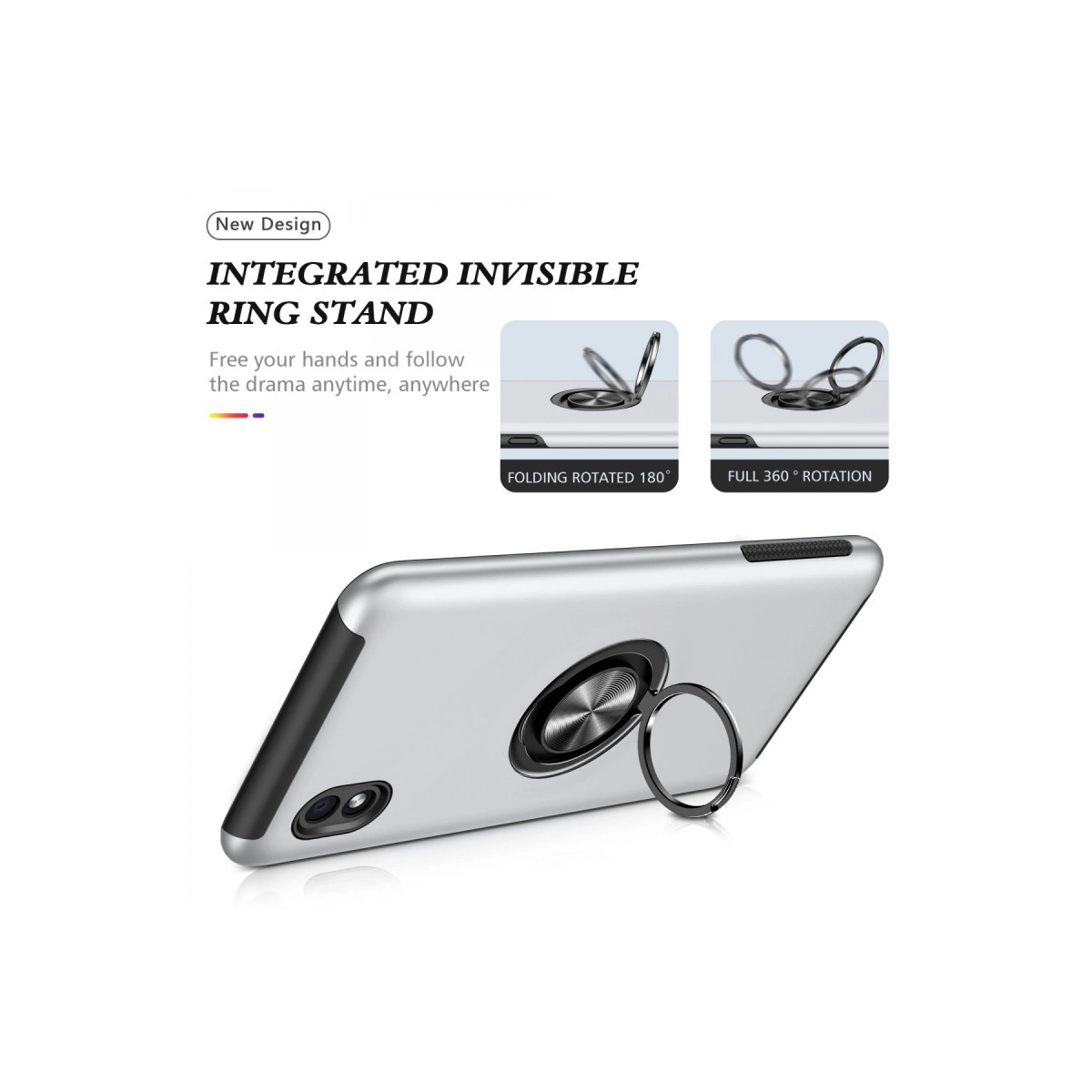 Entegre halka stantlı gümüş telefon, 180 derece katlanabilir.