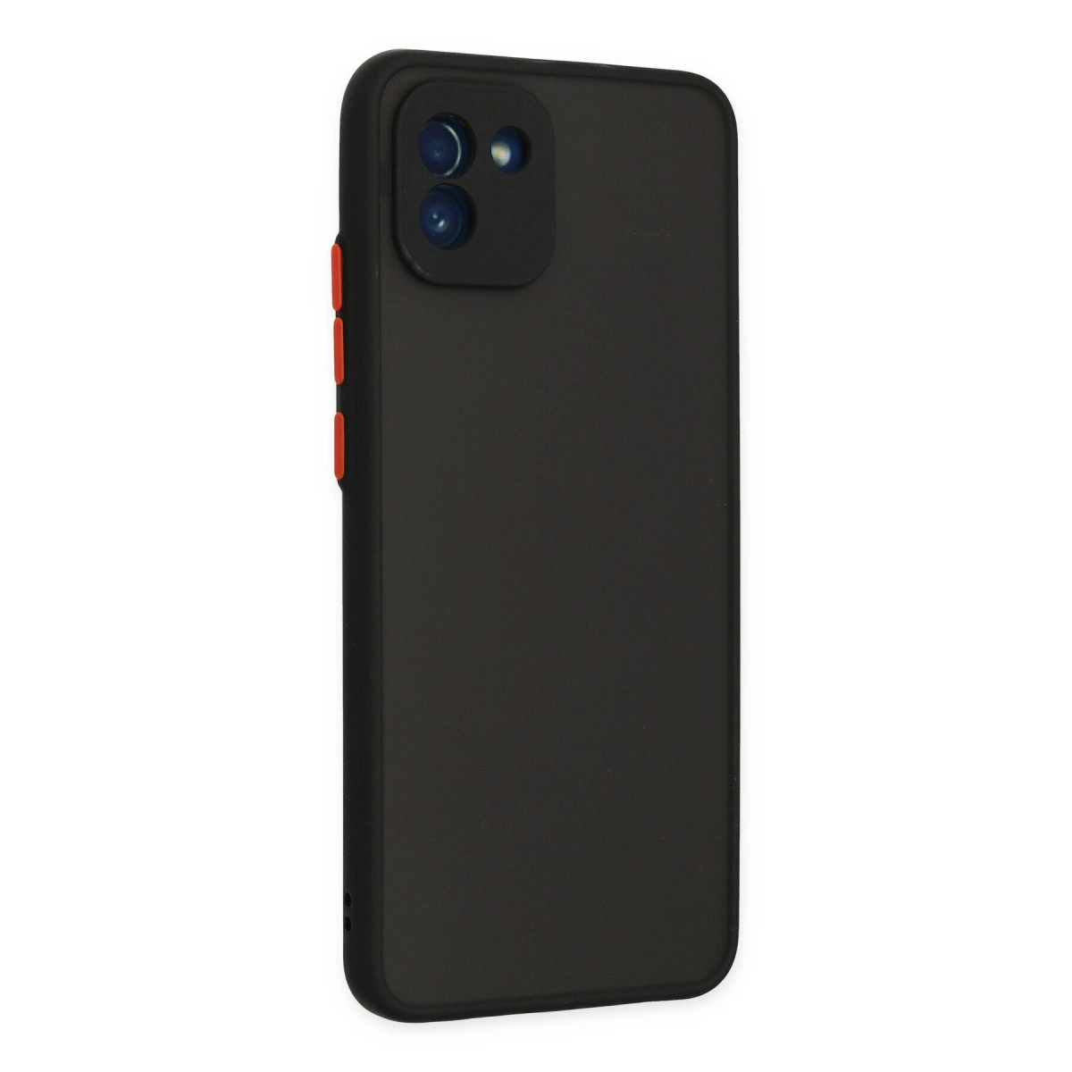 Üç turuncu düğmeli ve iki kamera lensli siyah telefon kılıfı.