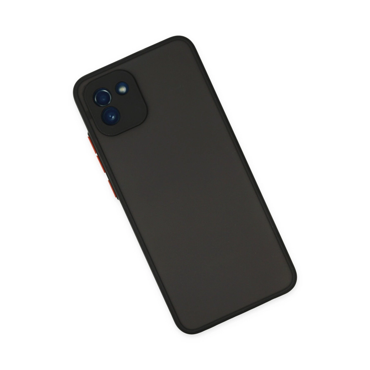 Siyah kılıflı ve kırmızı düğmeli koyu gri telefon, beyaz arka plan.